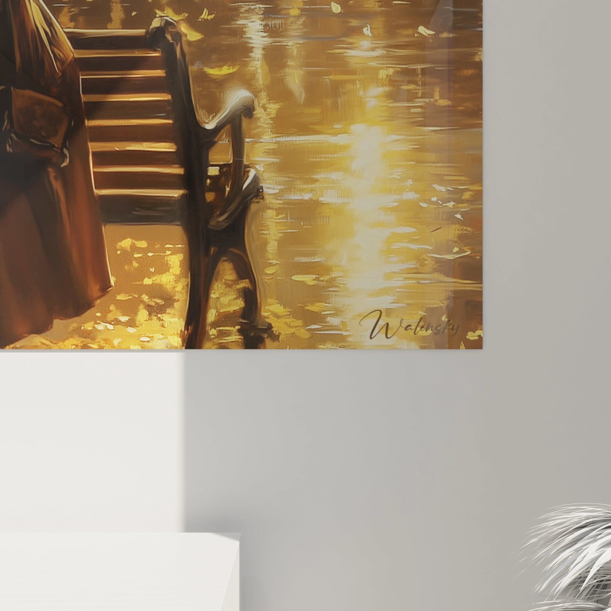 tableau femme automne Walensky peinture murale banc et reflet doré sur l eau avec feuilles tombées