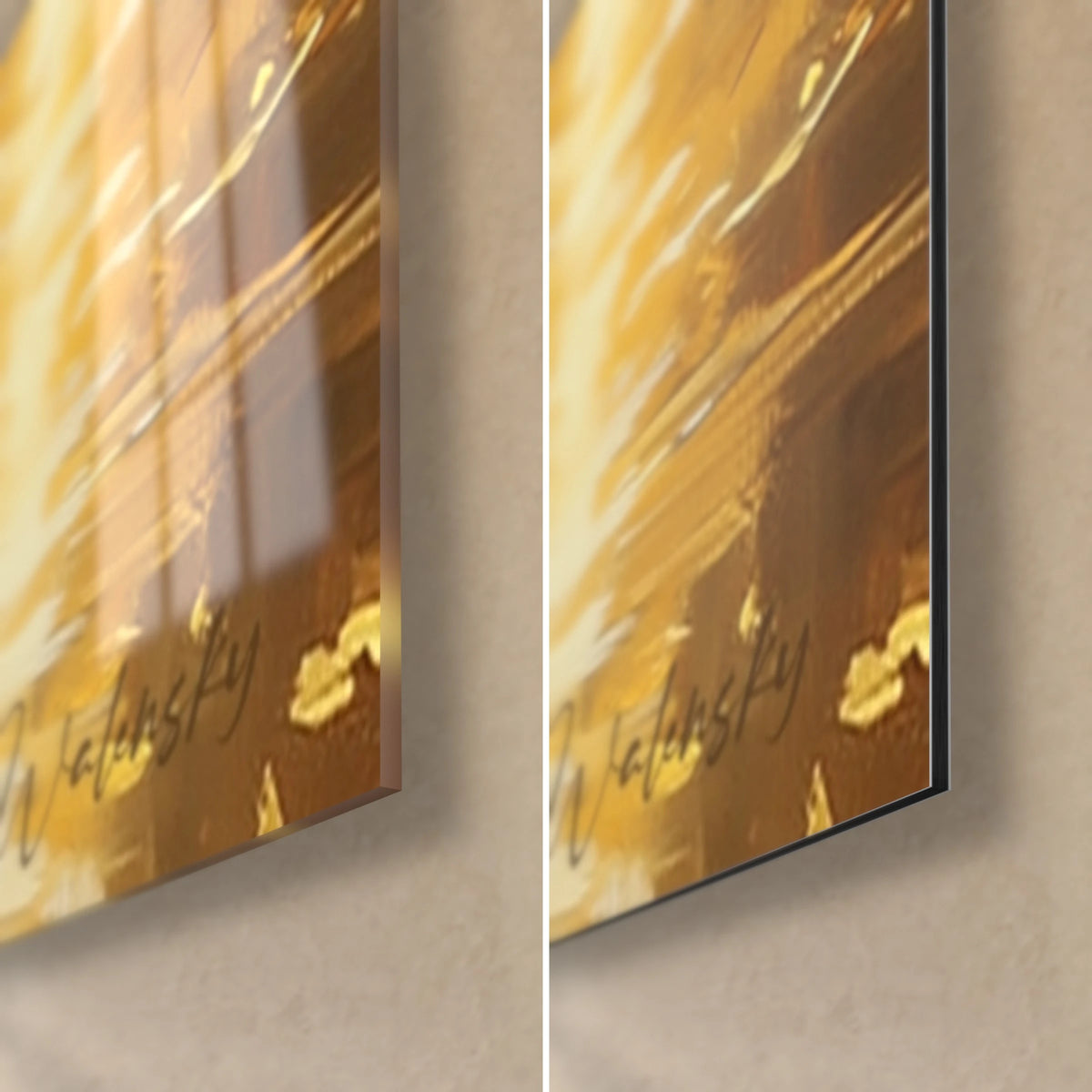 Gemälde einer Dame von hinten unter goldenem Laub, untere rechte Ecke: glänzendes Acrylglas mit Reflexen links, mattschwarzes Dibond rechts