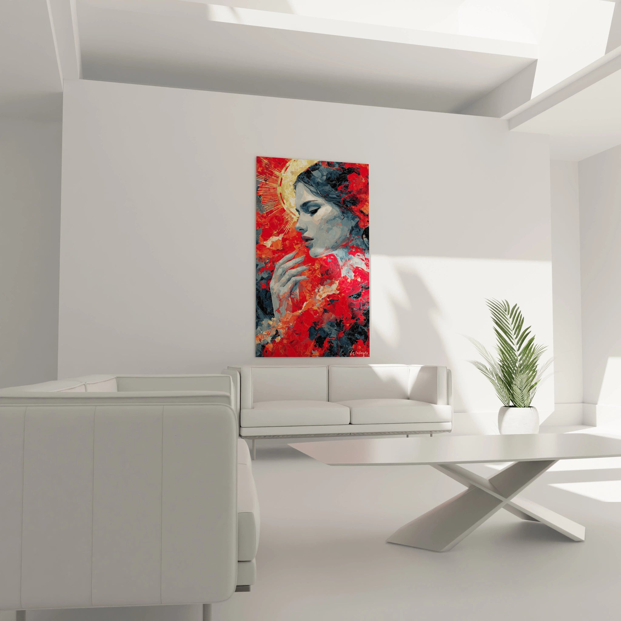 tableau gothique femme Walensky montrant un visage de femme rouge et noir accroché au mur du salon minimaliste blanc