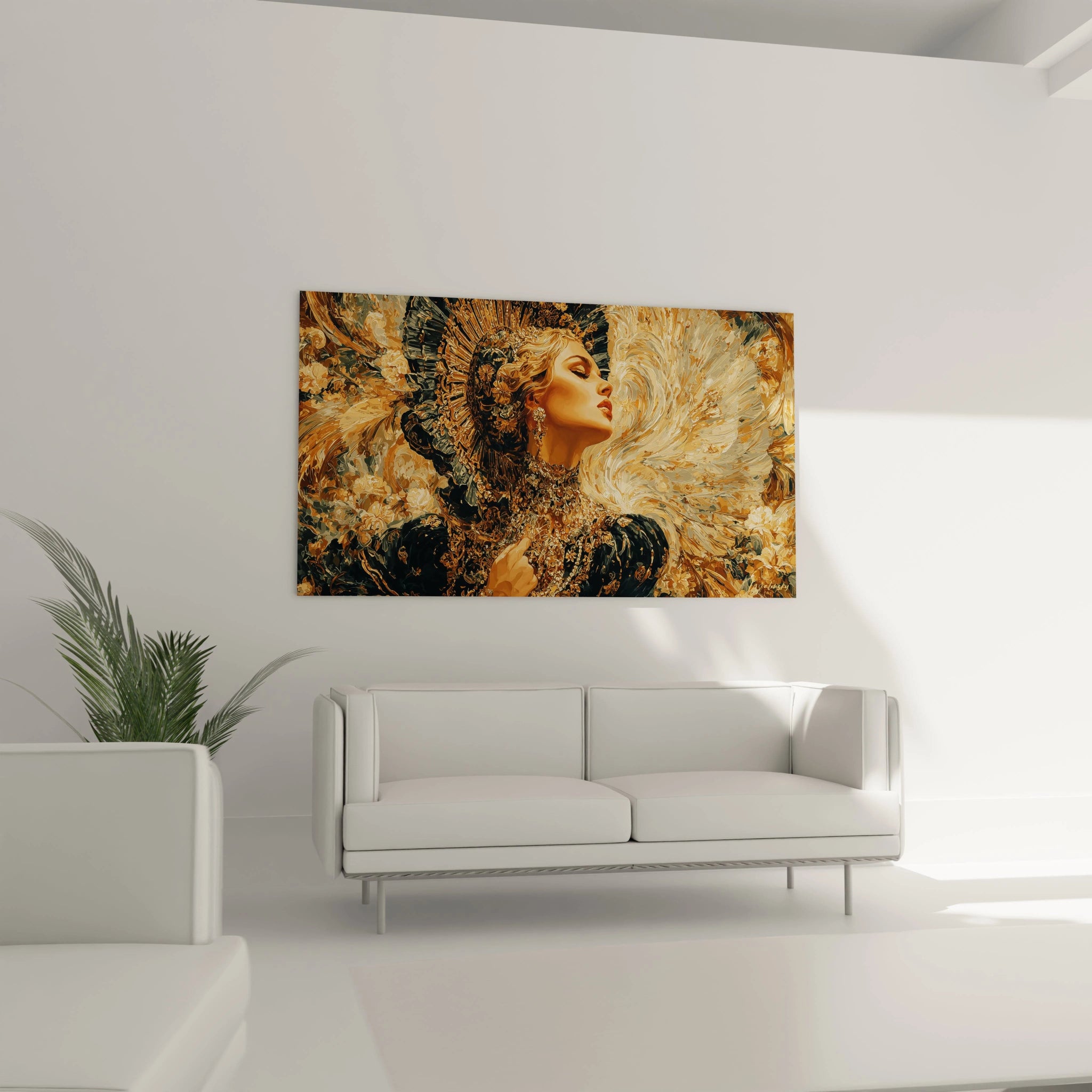 tableau gothique femme Walensky portrait femme gothique dore mural au dessus d un canape blanc minimaliste