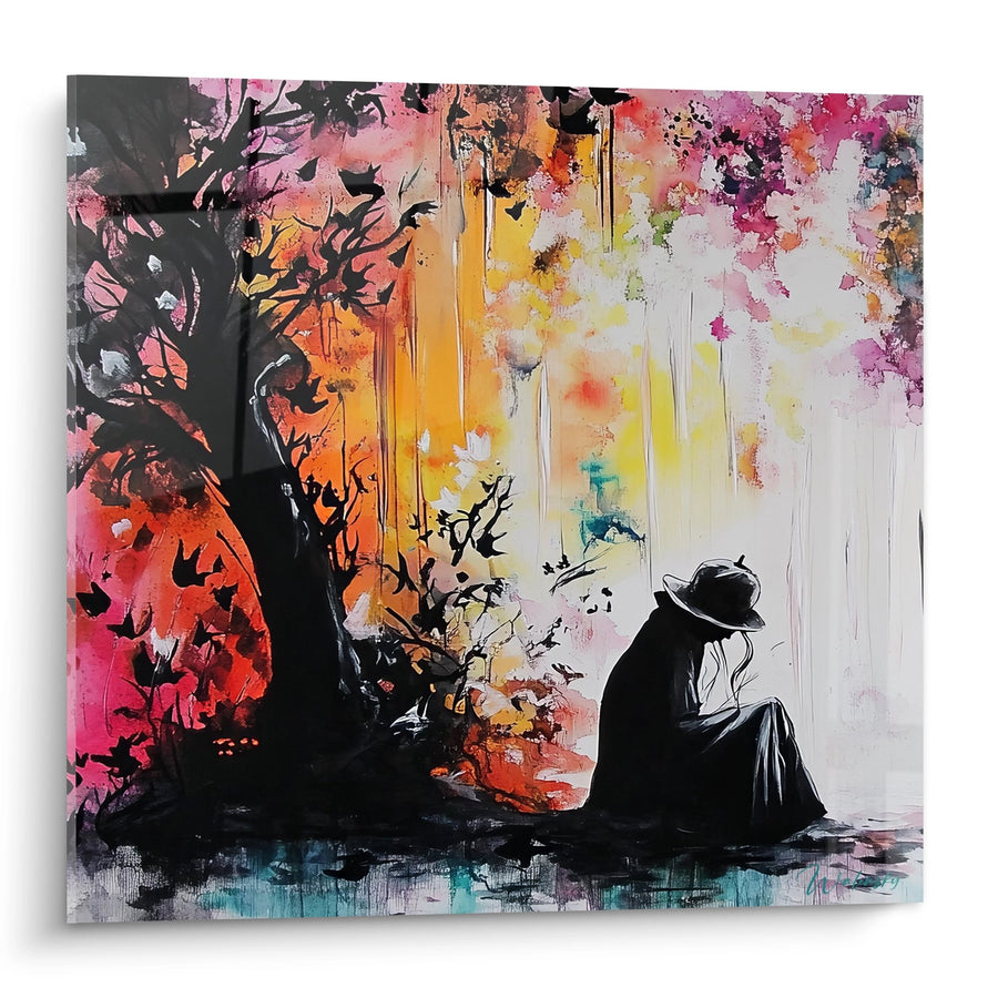 Tableau femme silhouette arbre coloré - Contemplation automnale - édition figuratif abstrait