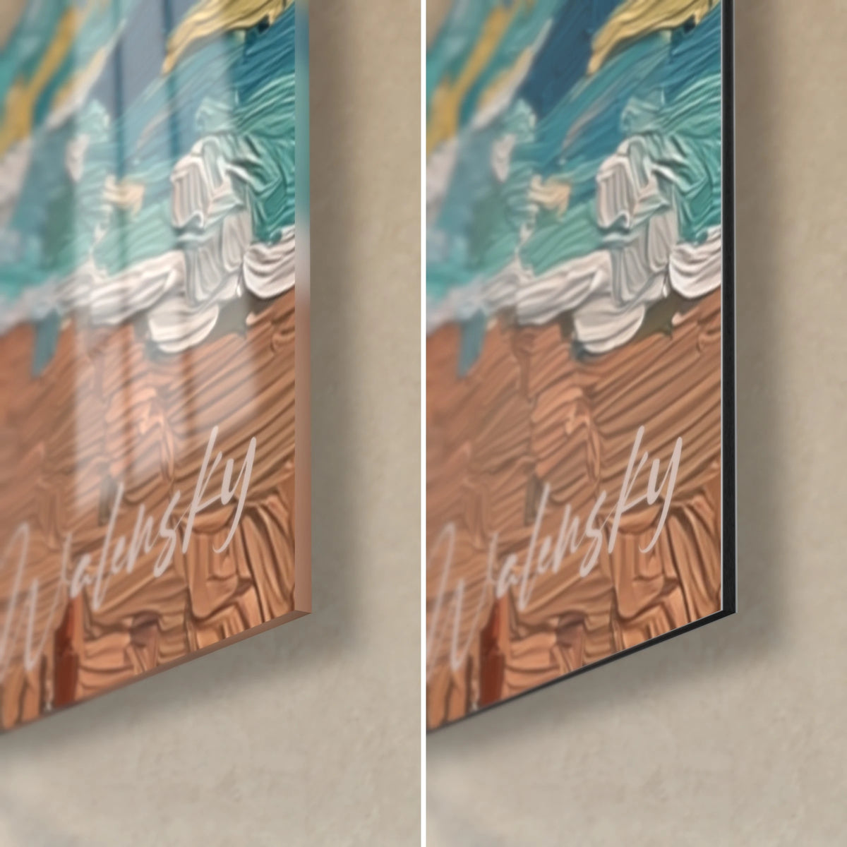 Schilderij blonde badgaste, rechterbenedenhoek: koperkleurige en turquoise impasto, Walensky-handtekening, glanzend glas en mat Dibond