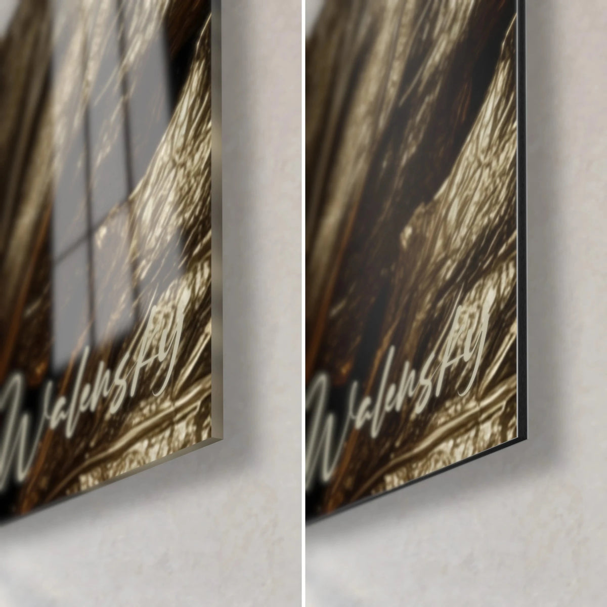 Cuadro rostro de ébano centelleante de oro, esquina inferior derecha en cristal acrílico brillante y aluminio Dibond mate, canto de 3 mm