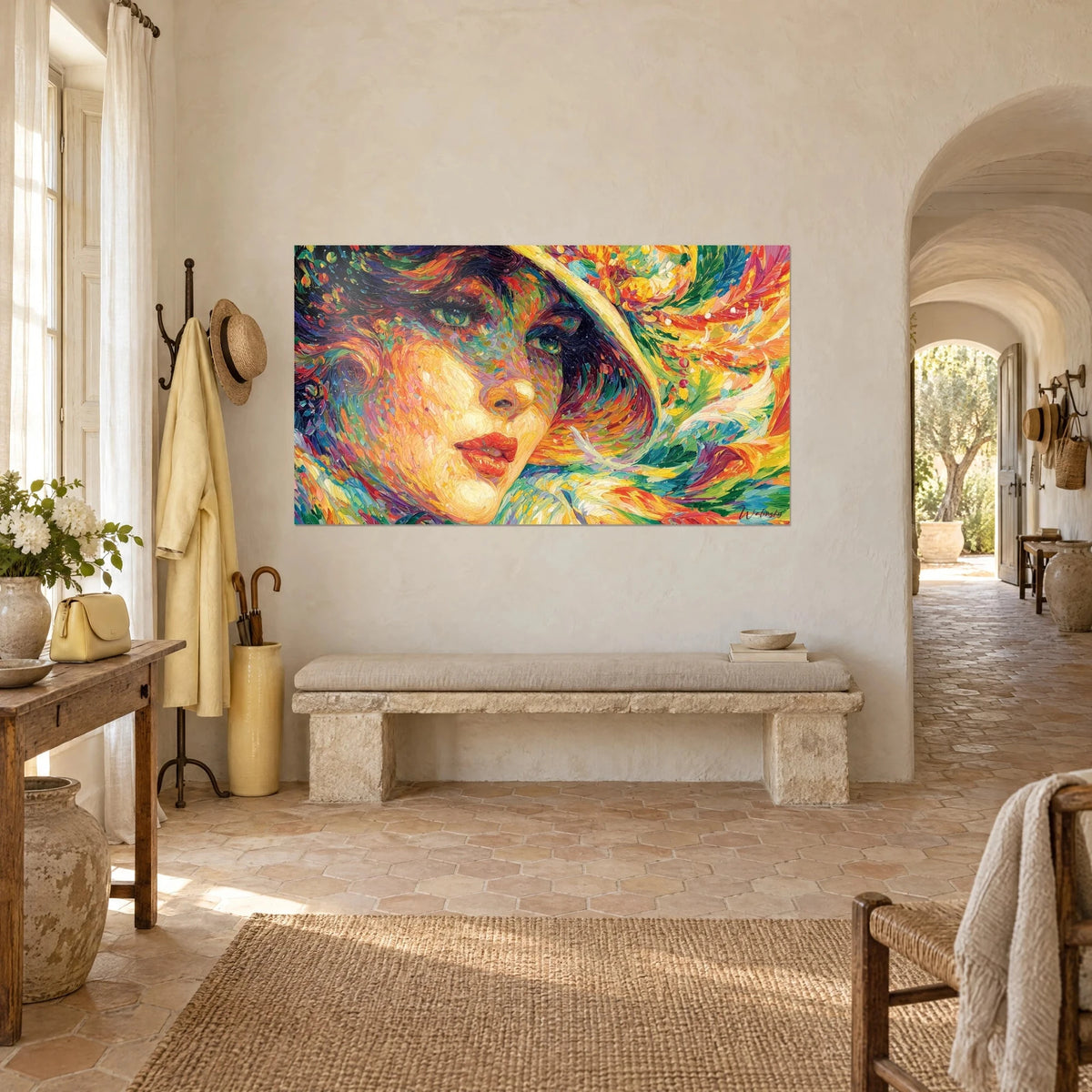 Wall art pointillist portrait of an elegant woman with coral lips, yellow and green feathers in a spiral, three-quarter view, Provençal farmhouse