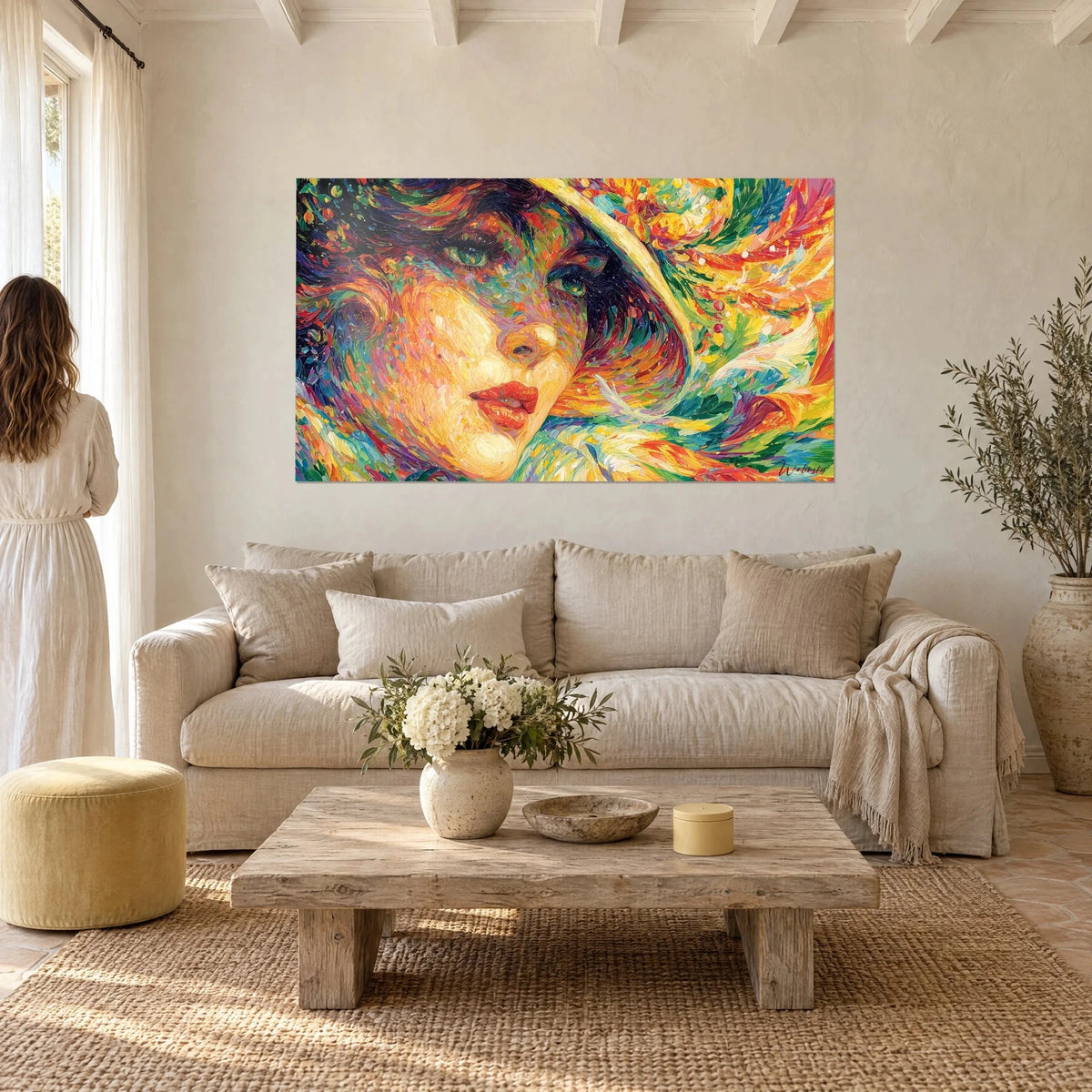 Wall art woman's face under a white hat, green eyes, red lips, orange and blue swirl, hung above a sofa in a bright living room