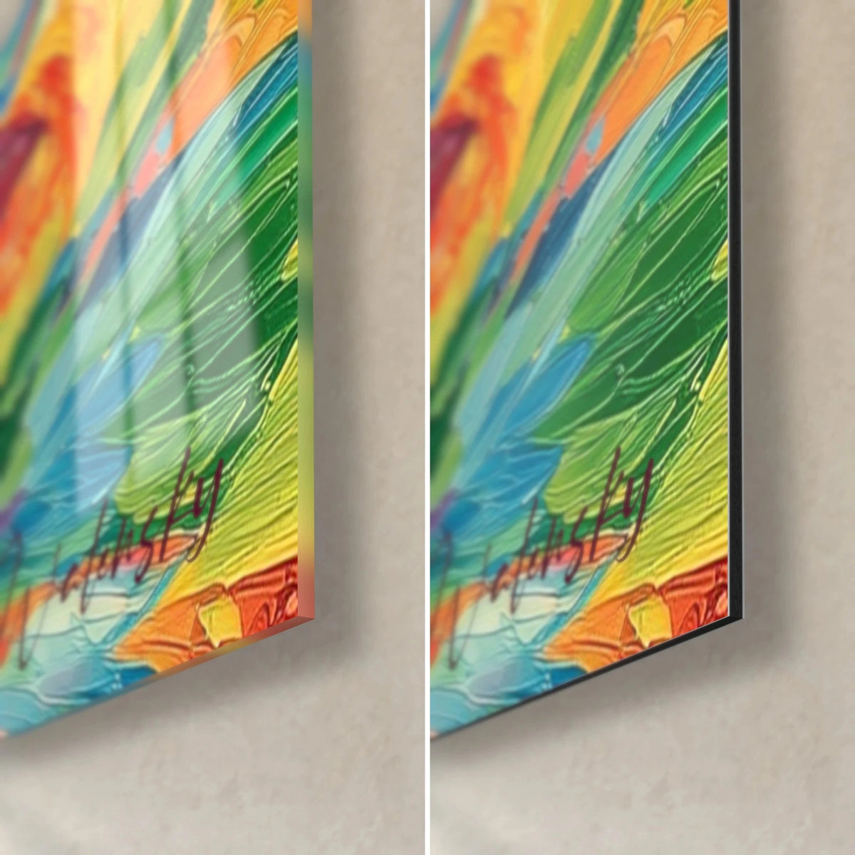 Wall art woman in a magic spiral, bottom right corner: green and orange brushstrokes, glossy glass on the left, matte black Dibond on the right