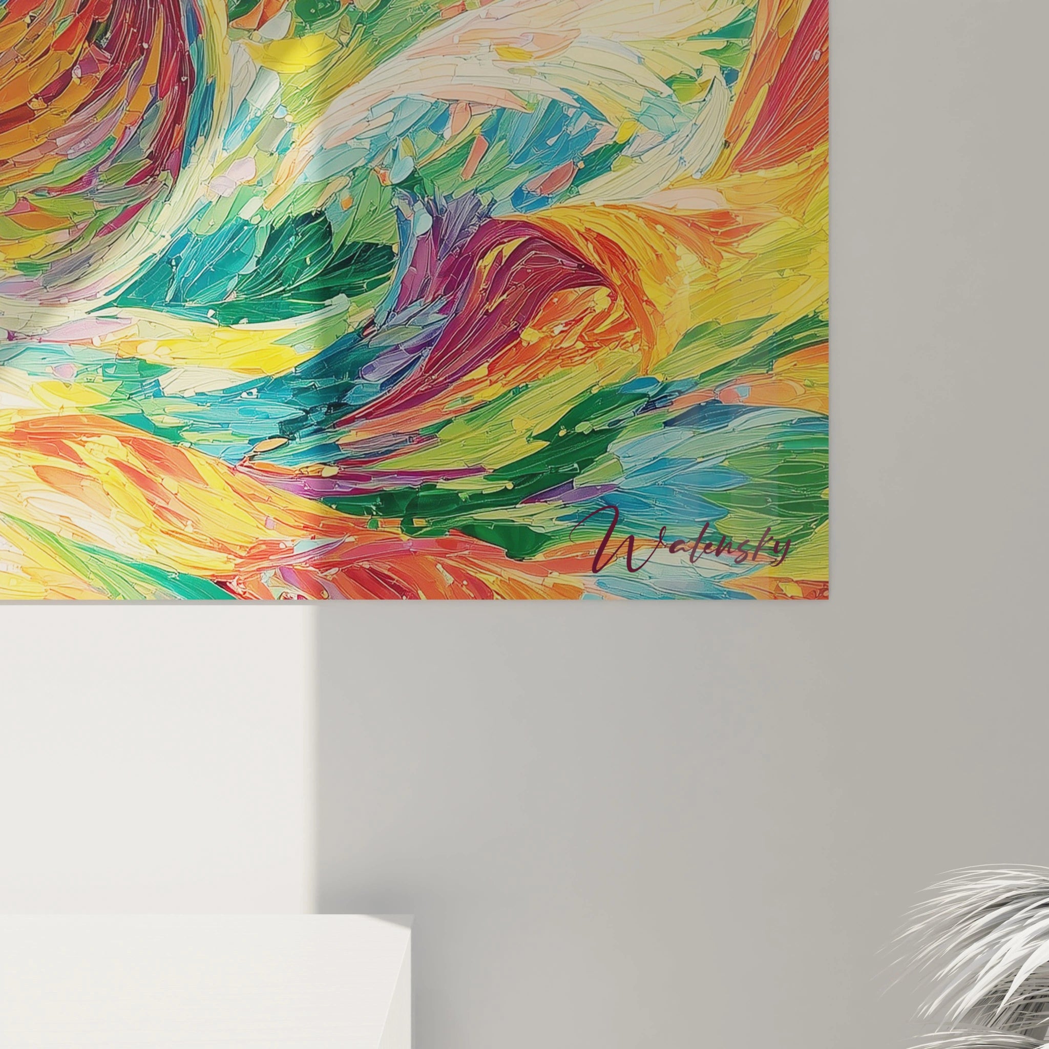 Impression murale tableau femme spirale magique par Walensky, oeuvre abstraite multicolore aux coups de pinceau dynamiques