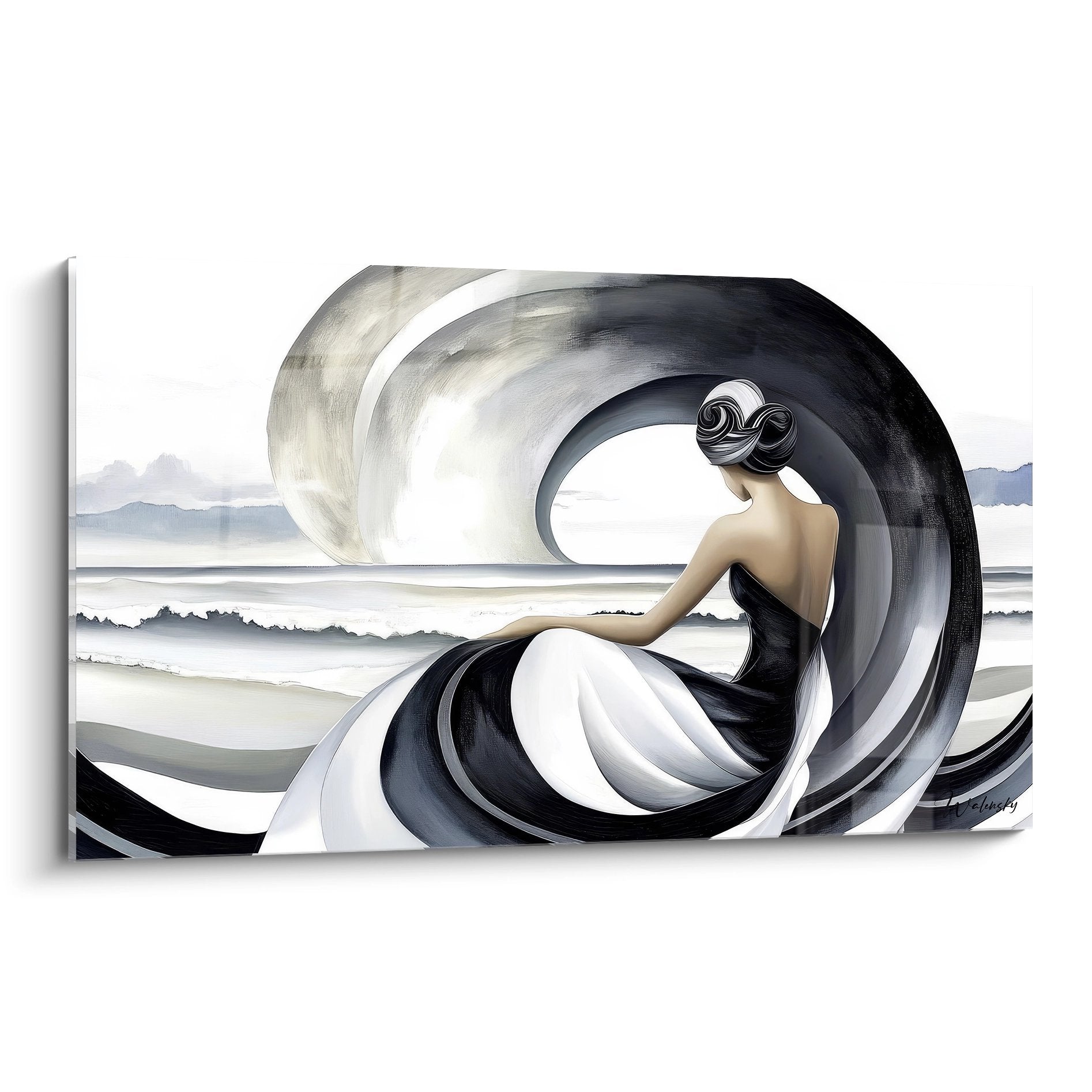 Tableau mural femme spirale vague style abstrait noir blanc pour décoration moderne
