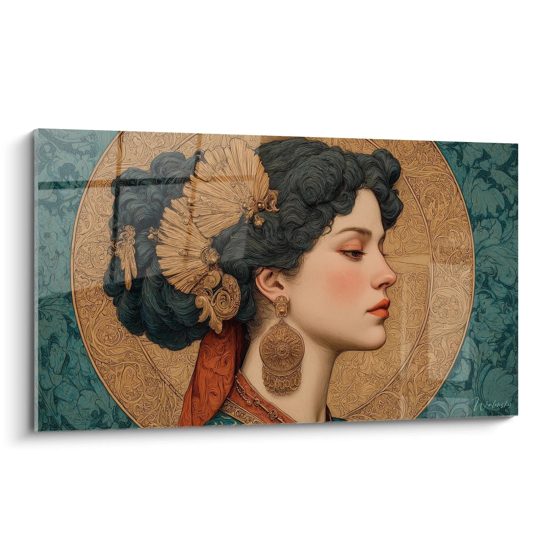Walensky tableau art nouveau femme profil elegant de femme aux cheveux sombres ornee d accessoires dores et grand halo ornemental
