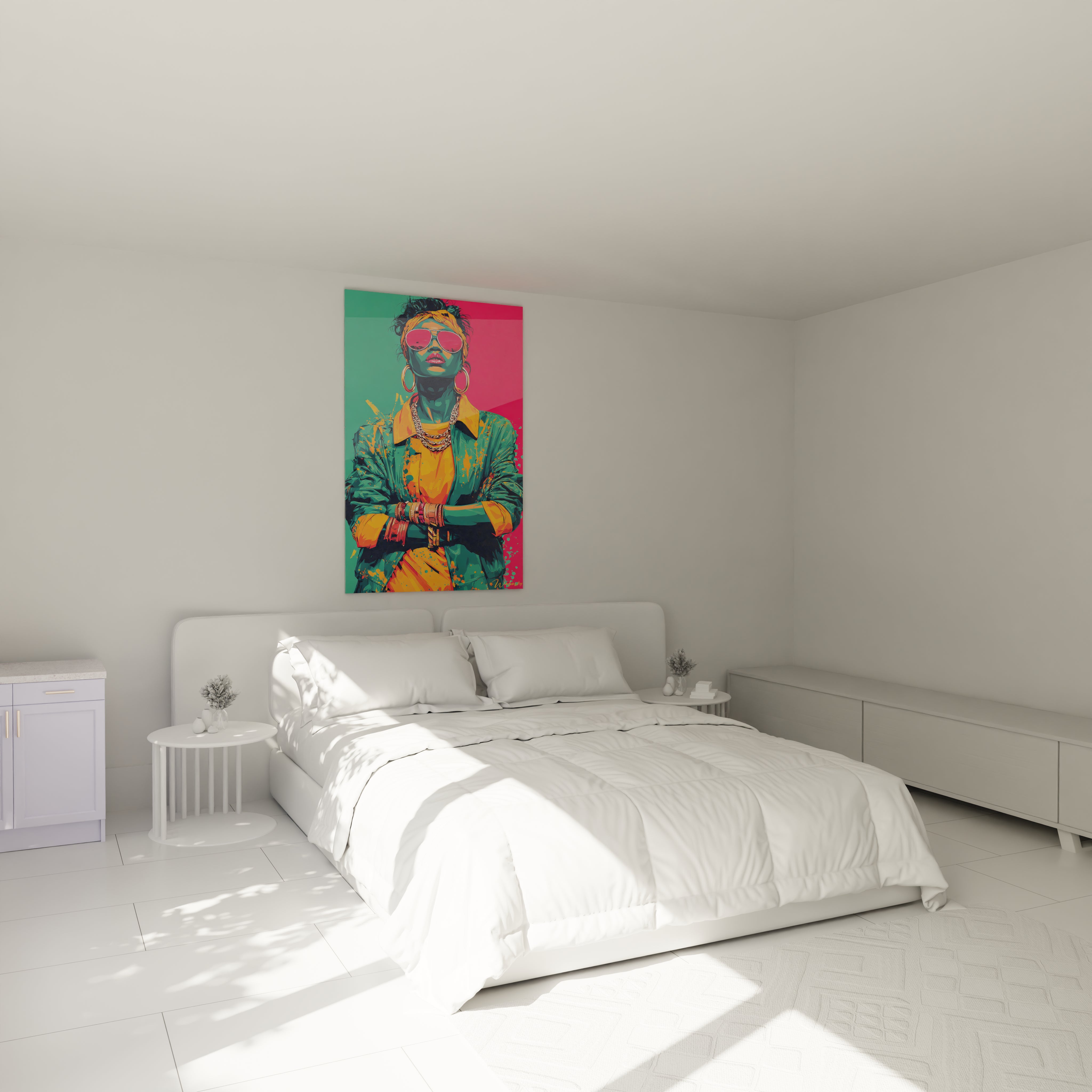 Tableau femme street art de Walensky, ajoutant une touche moderne à la chambre avec des couleurs vives