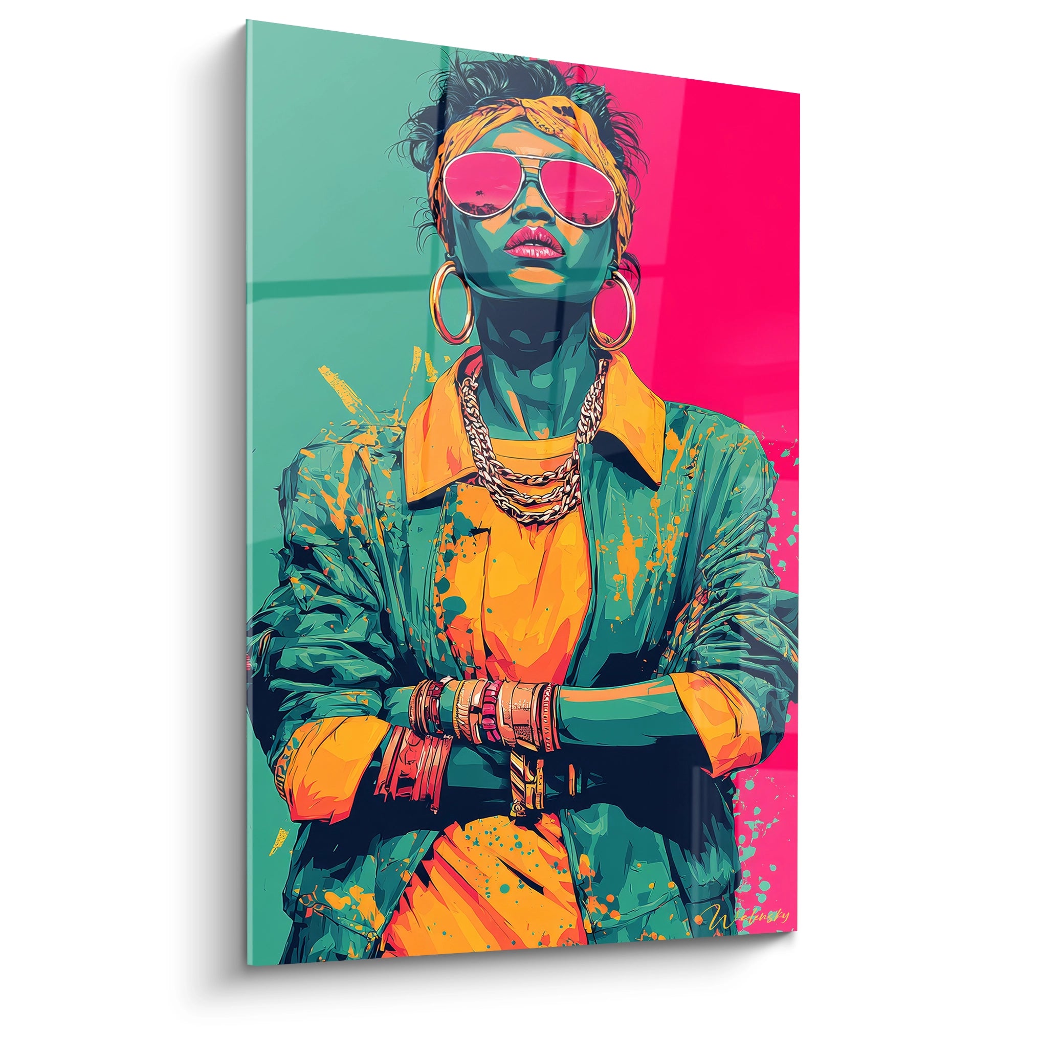Tableau mural femme street art avec une femme stylée en couleurs vives et accessoires modernes