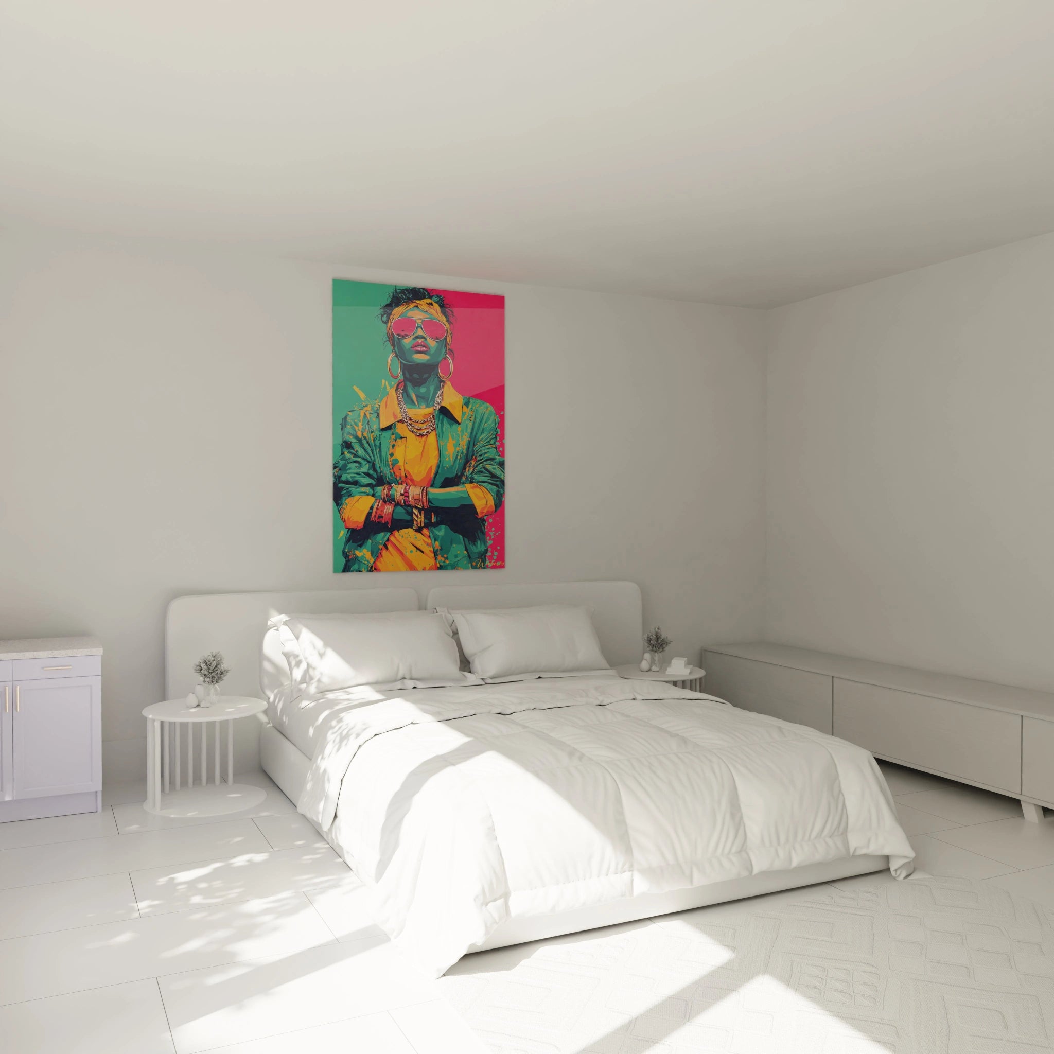 Tableau femme street art de Walensky, ajoutant une touche moderne à la chambre avec des couleurs vives