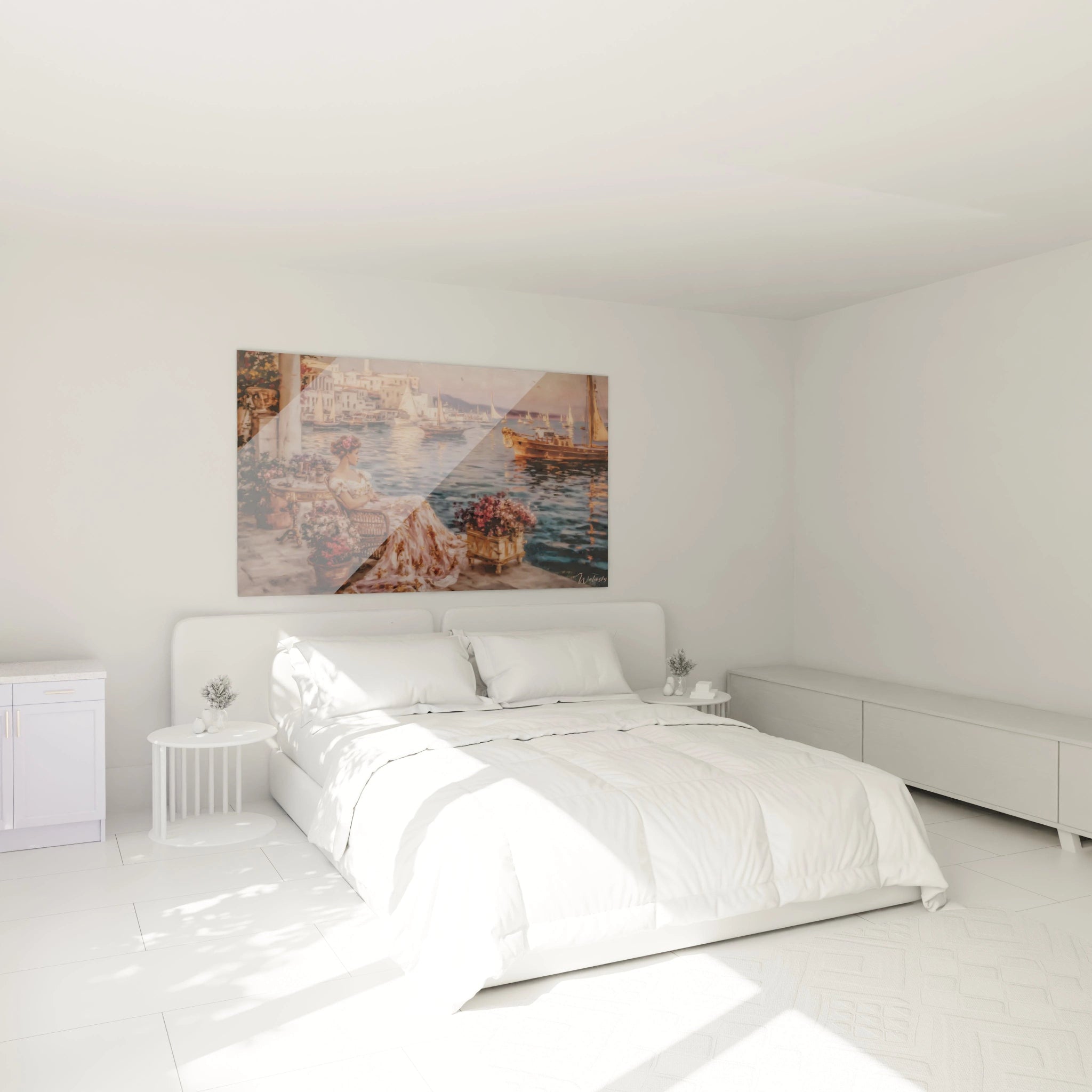 Tableau femme terrasse Walensky mural artistique paysage marin fleuri au dessus du lit minimaliste