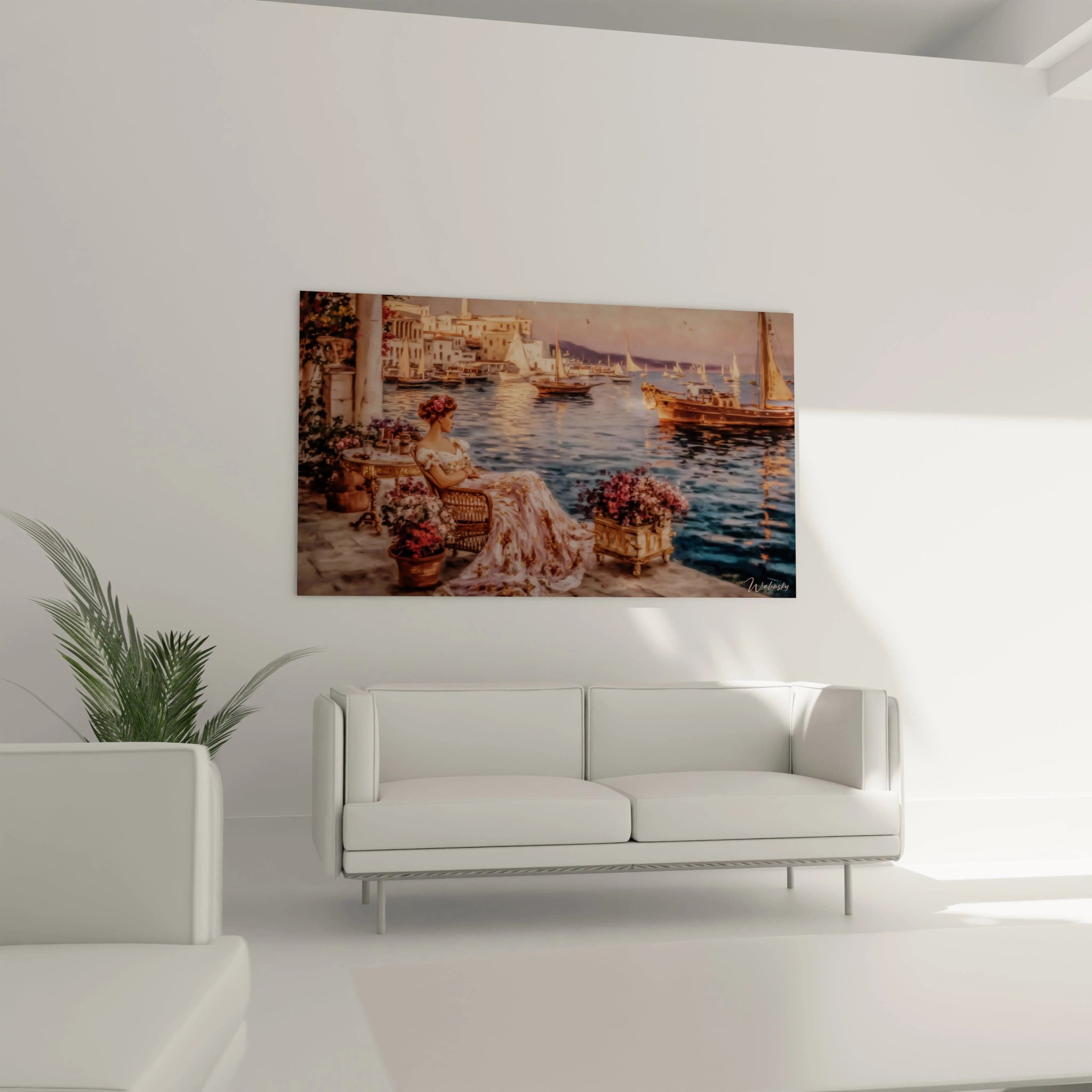 Walensky tableau femme terrasse imprimé mural montrant une femme assise sur une terrasse face à des voiliers