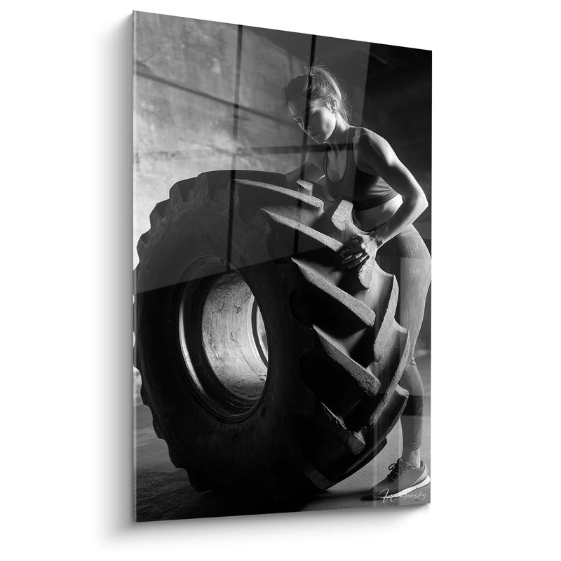 Woman Tire Pull Wall Art - Female Strength - Black and White Sports Edition