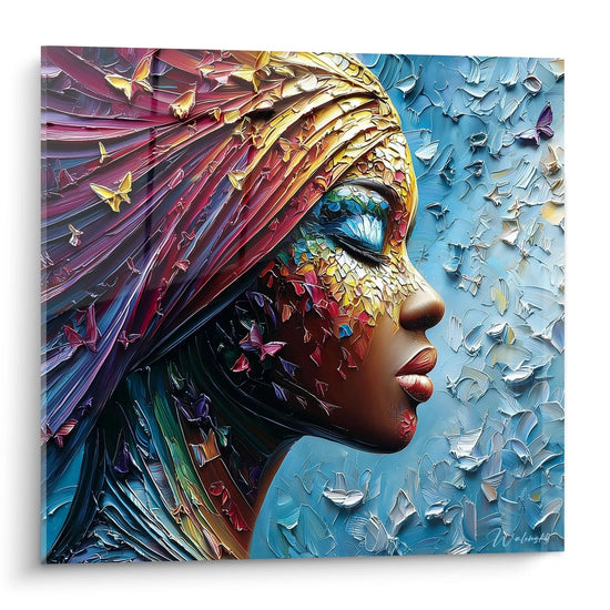 Quadro murale donna africana contemporaneo con colori vibranti e motivi di farfalle.