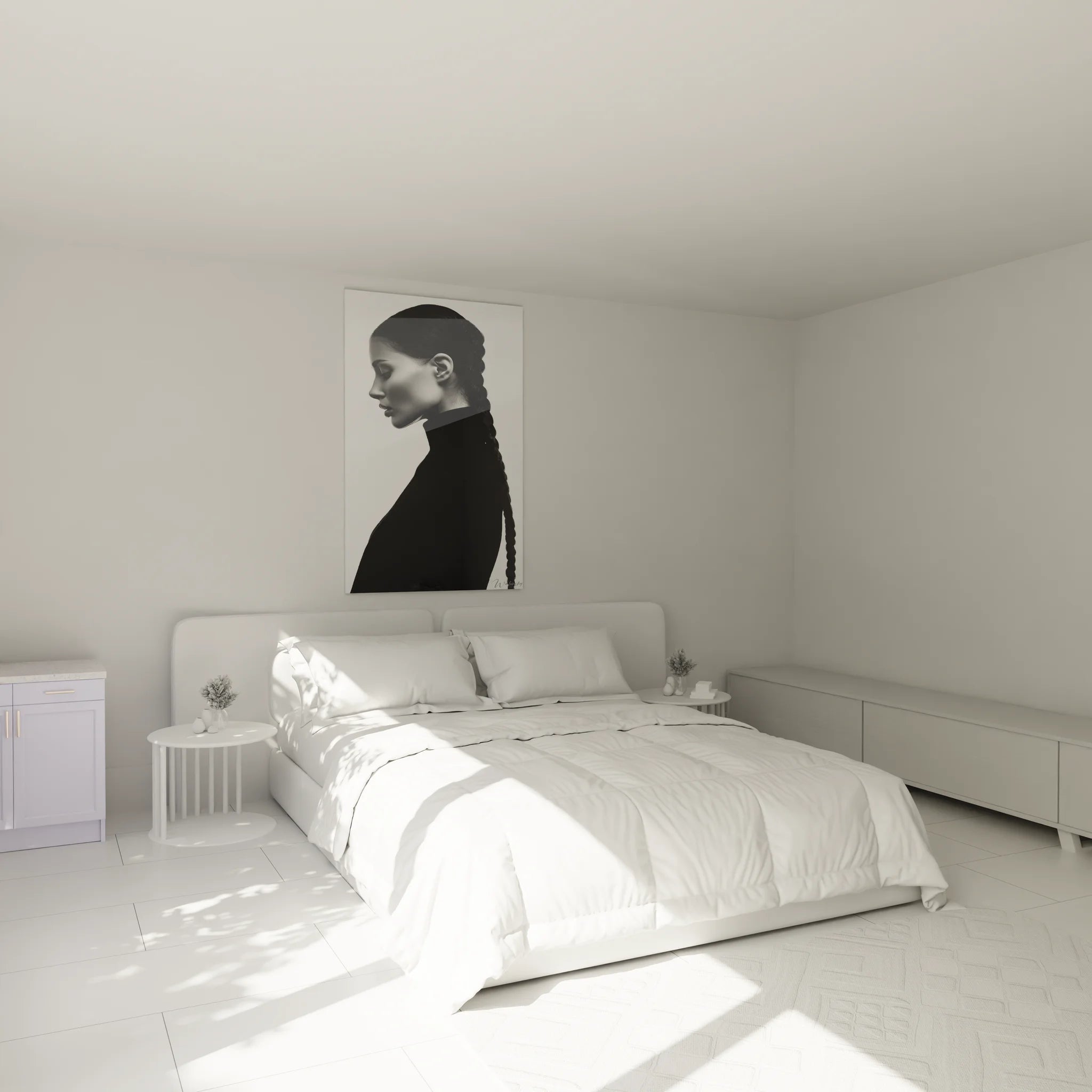 Tableau femme profil tresse dans chambre moderne, décoration murale noir et blanc élégante