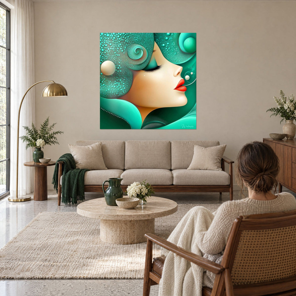 Cuadro de perfil de rostro de mujer con párpados cerrados, cabello turquesa perlado y labios rojos, sobre un sofá en un salón luminoso