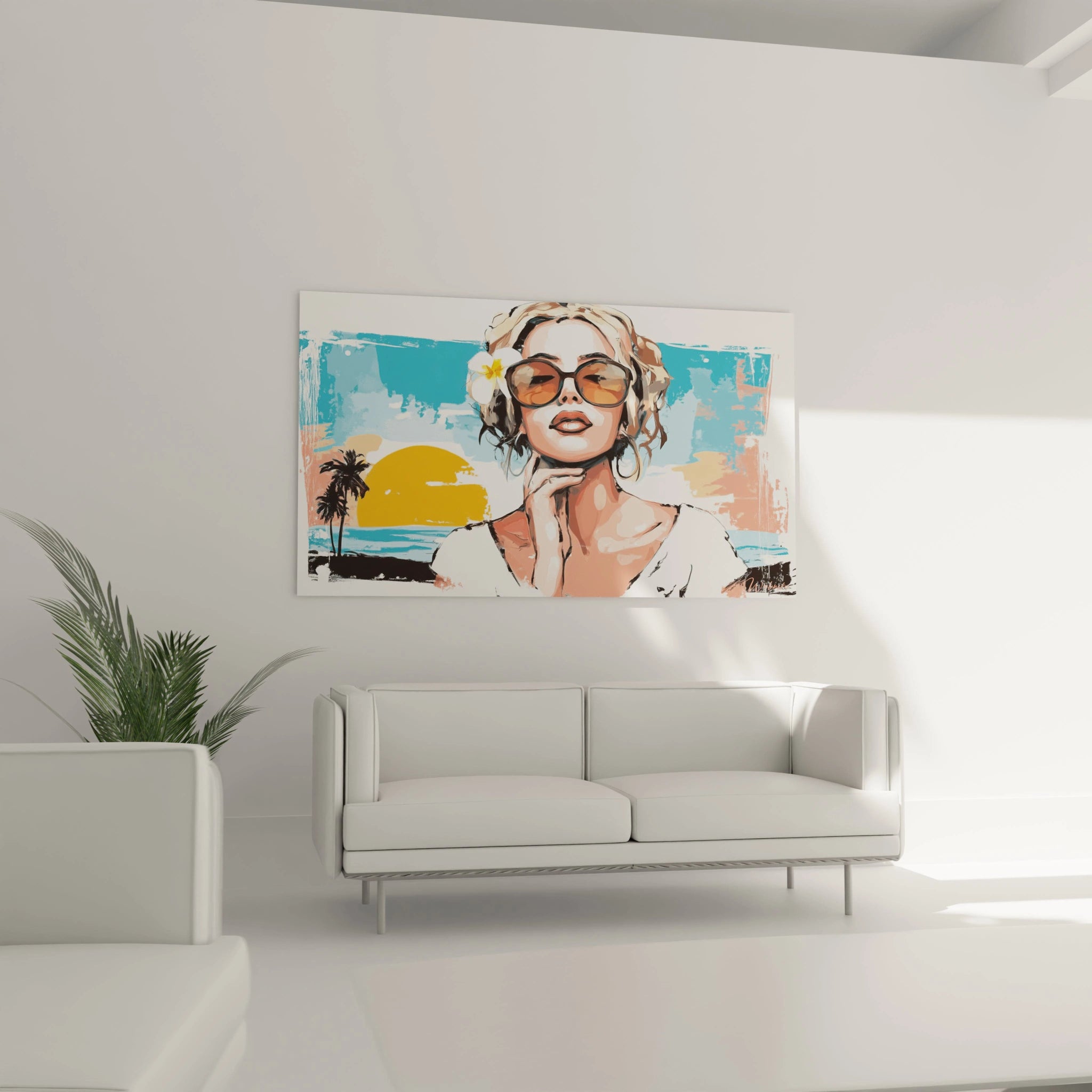 Tableau femme glamour Walensky style pop art plage solaire avec femme en lunettes et palmier