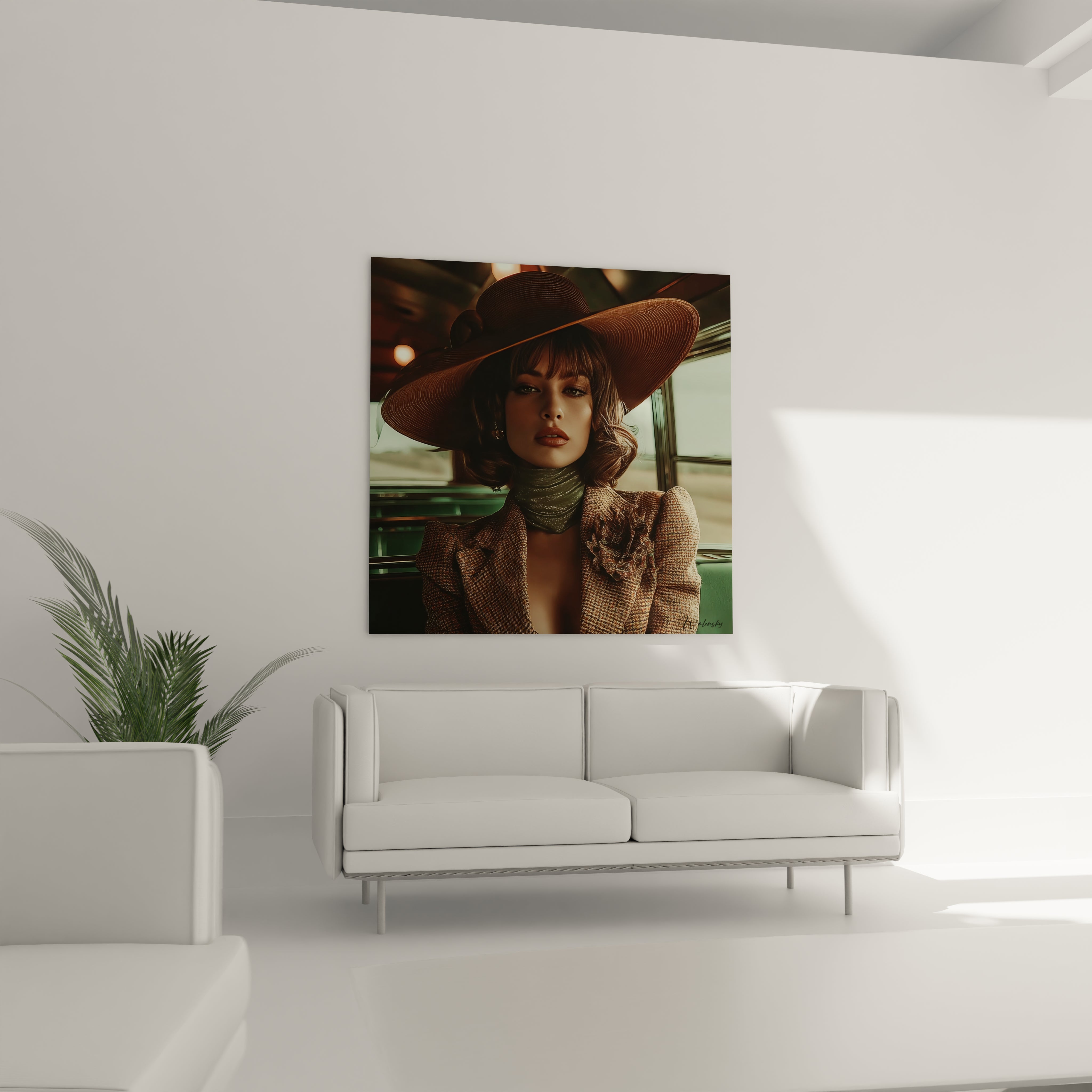 Tableau femme vintage de Walensky accroché au mur d'un salon moderne avec canapé blanc