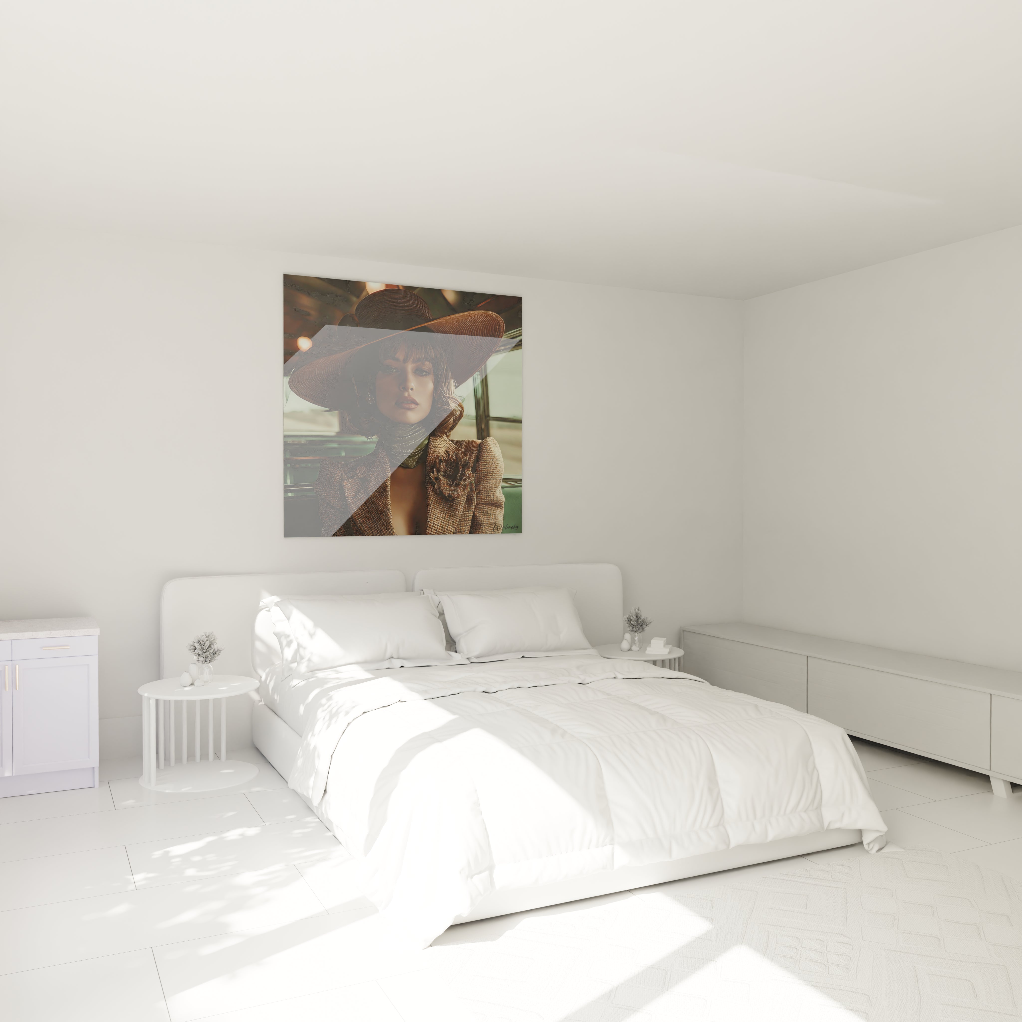 Tableau femme vintage de Walensky dans une chambre moderne avec lit blanc et luminaires minimalistes