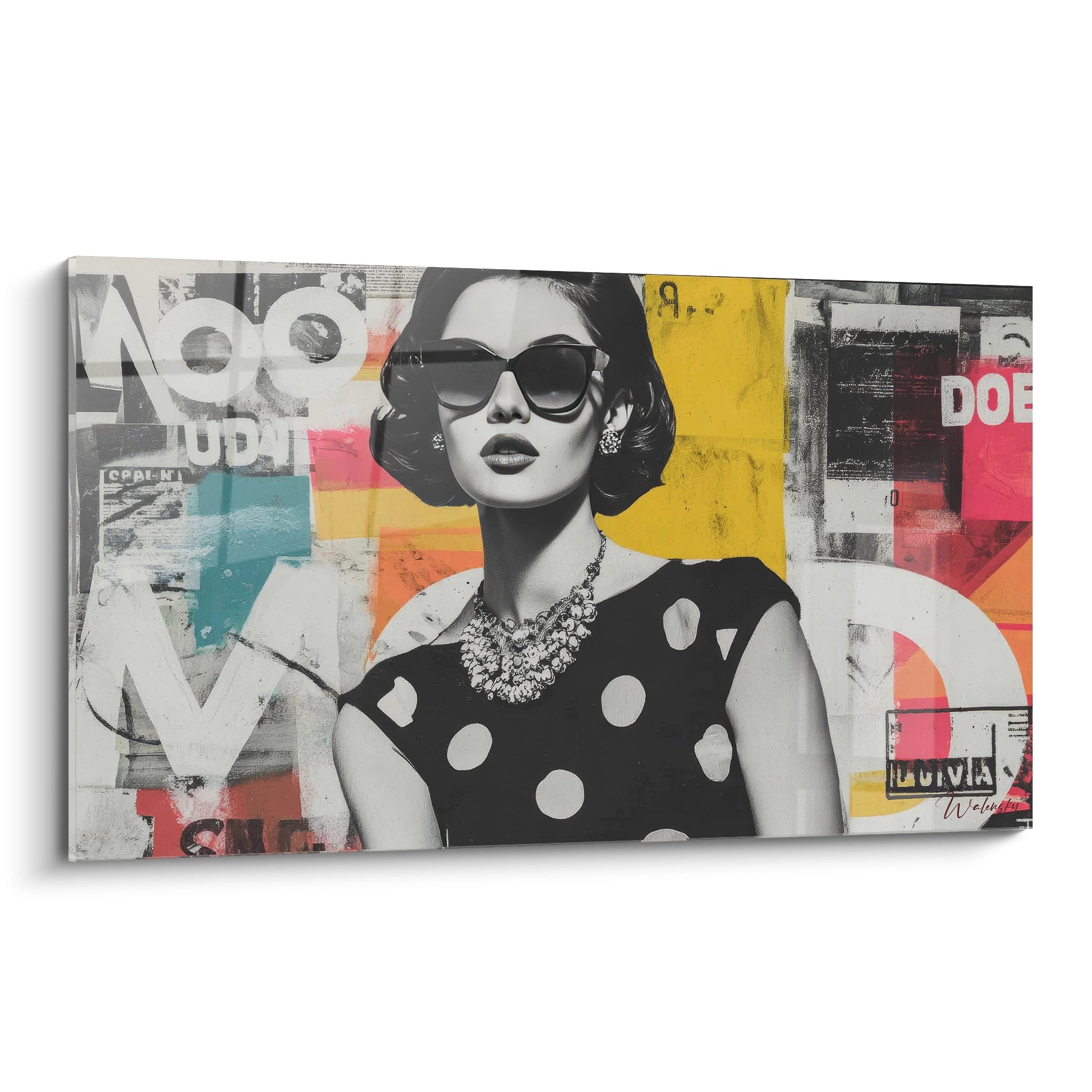 Tableau femme vintage en noir et blanc avec des touches de couleur et un style rétro