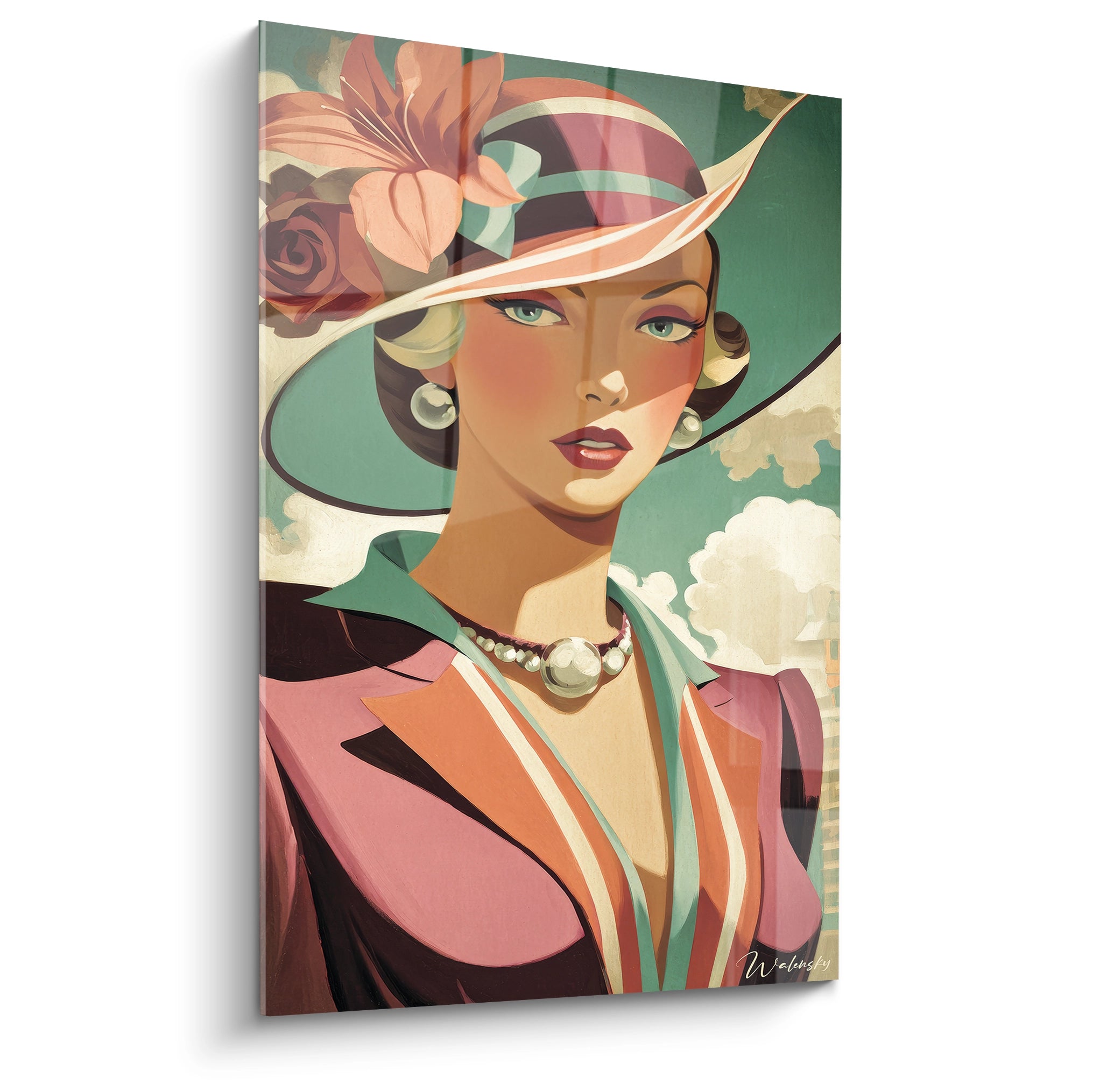 Tableau mural femme vintage avec un chapeau élégant et des fleurs, style art déco