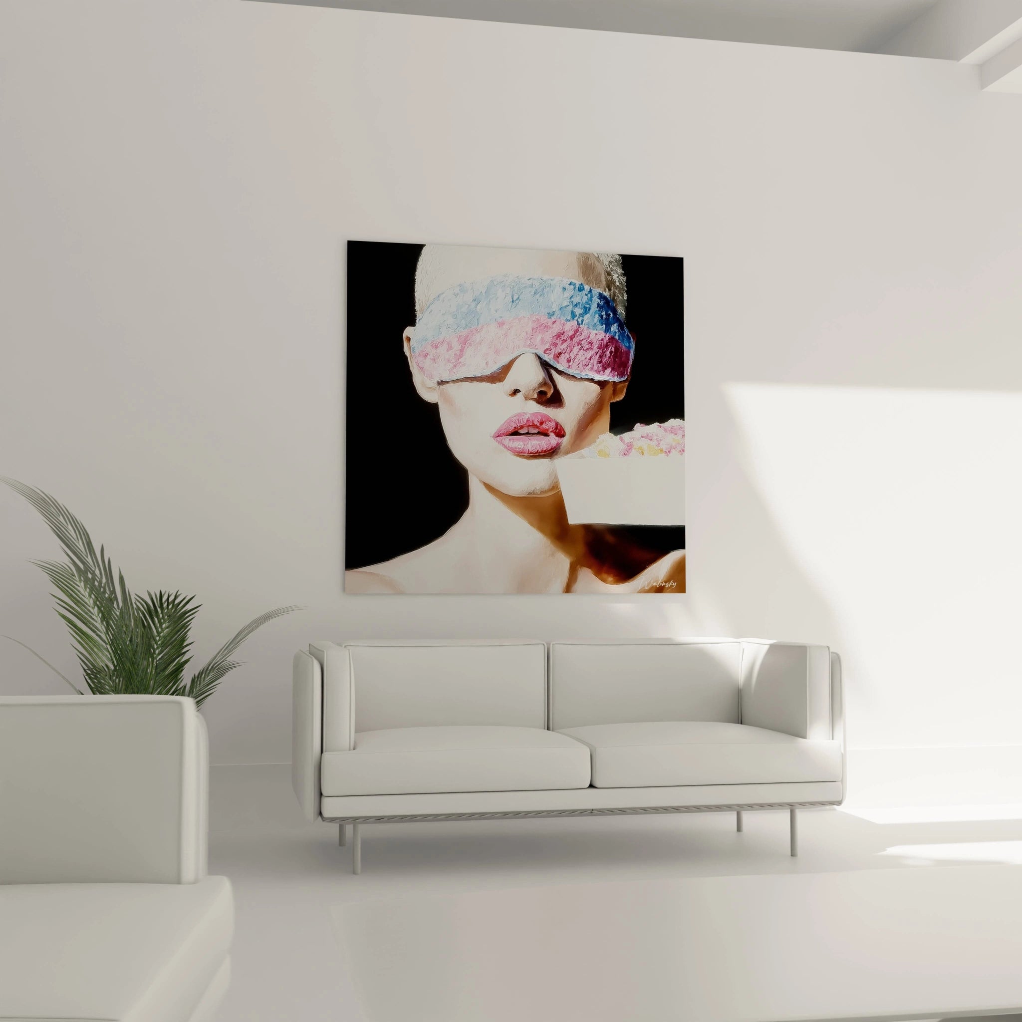 tableau hyperréalisme femme Walensky accroche au dessus d un canape blanc portrait visage yeux bandés tenant une part de gateau