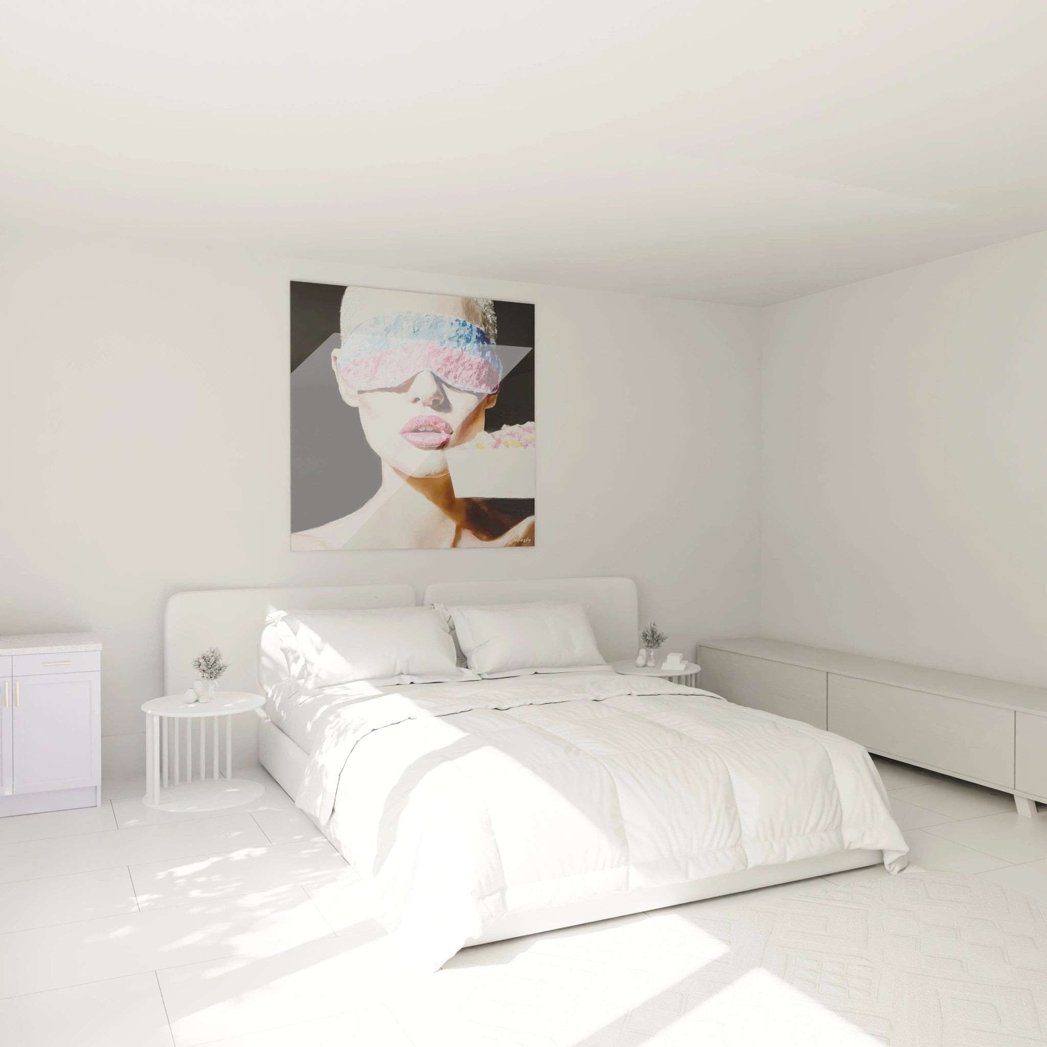 Walensky tableau hyperréalisme femme portrait coloré d'une femme avec bandeau de bonbons au dessus d'un lit blanc minimaliste