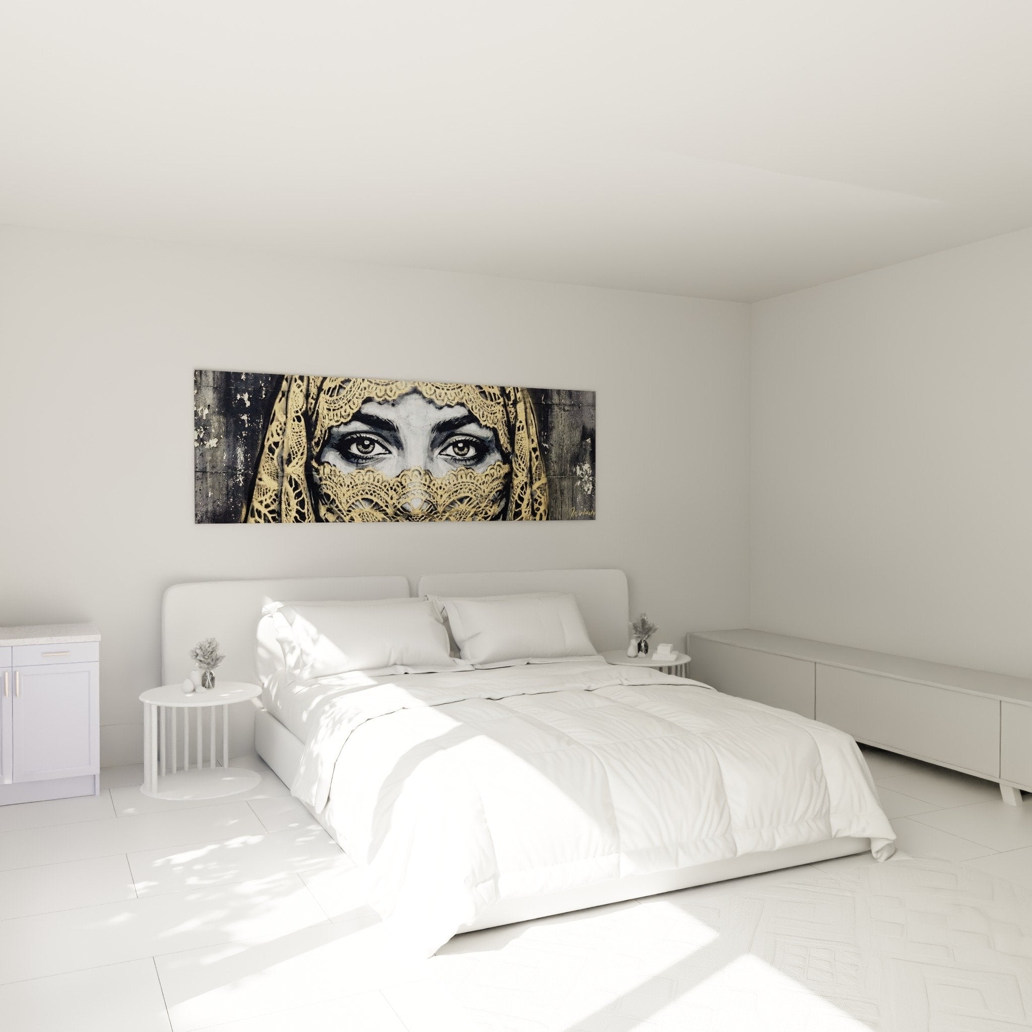Tableau femme voilee dore dans chambre moderne mur gris anthracite decoration sophistiquee