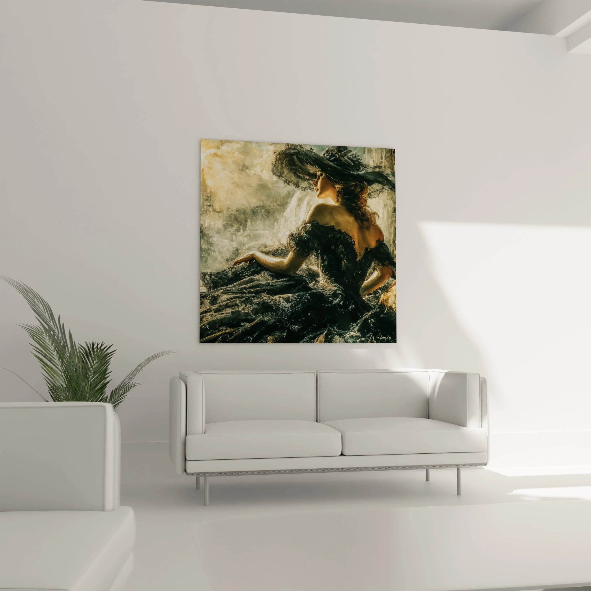 Tableau gothique femme Walensky peinture murale dune femme en robe noire et chapeau ambiance romantique sombre