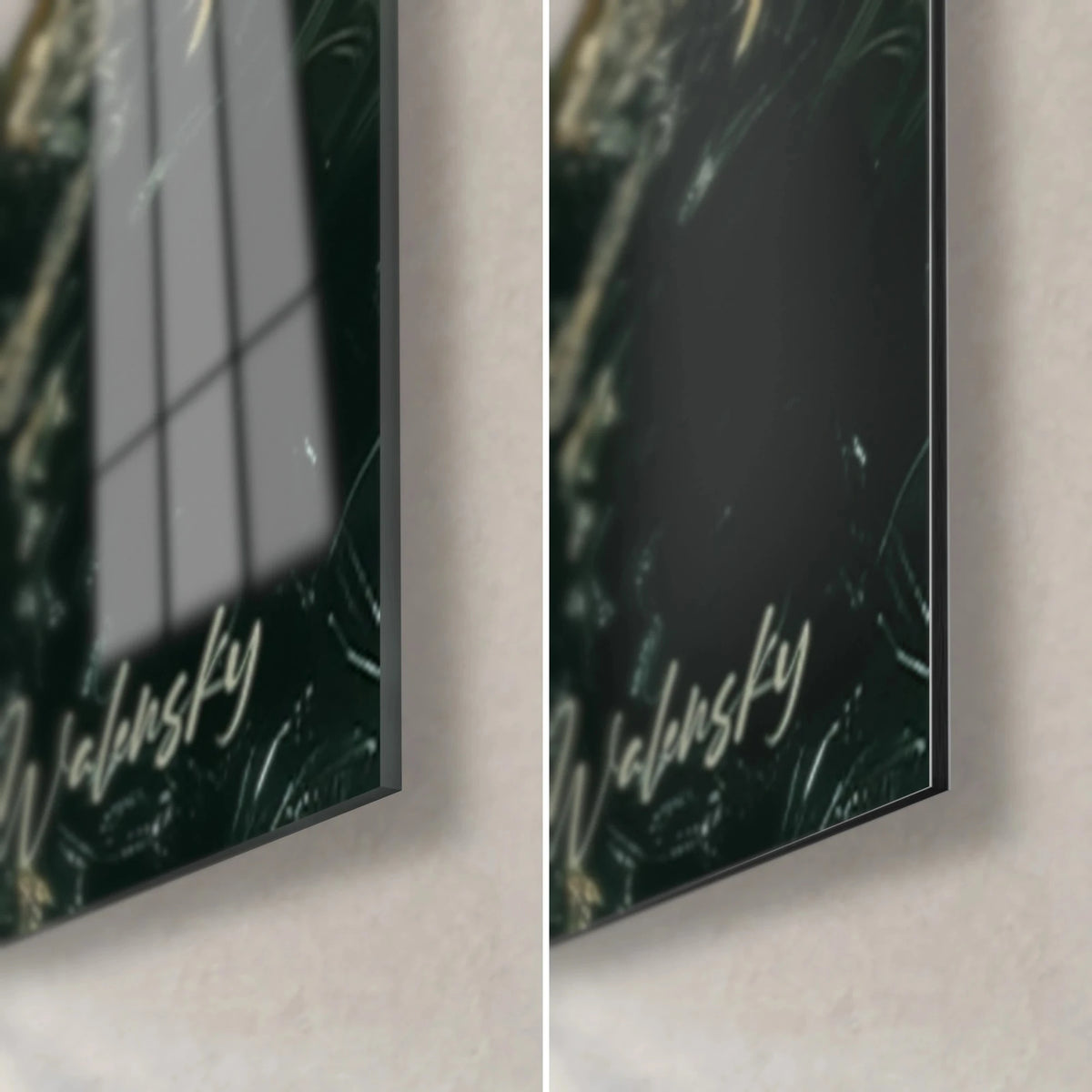 Cuadro retrato de una dama con sombrero negro, esquina inferior derecha: cristal brillante con reflejos, Dibond de aluminio mate verde oscuro, borde fino de 3 mm