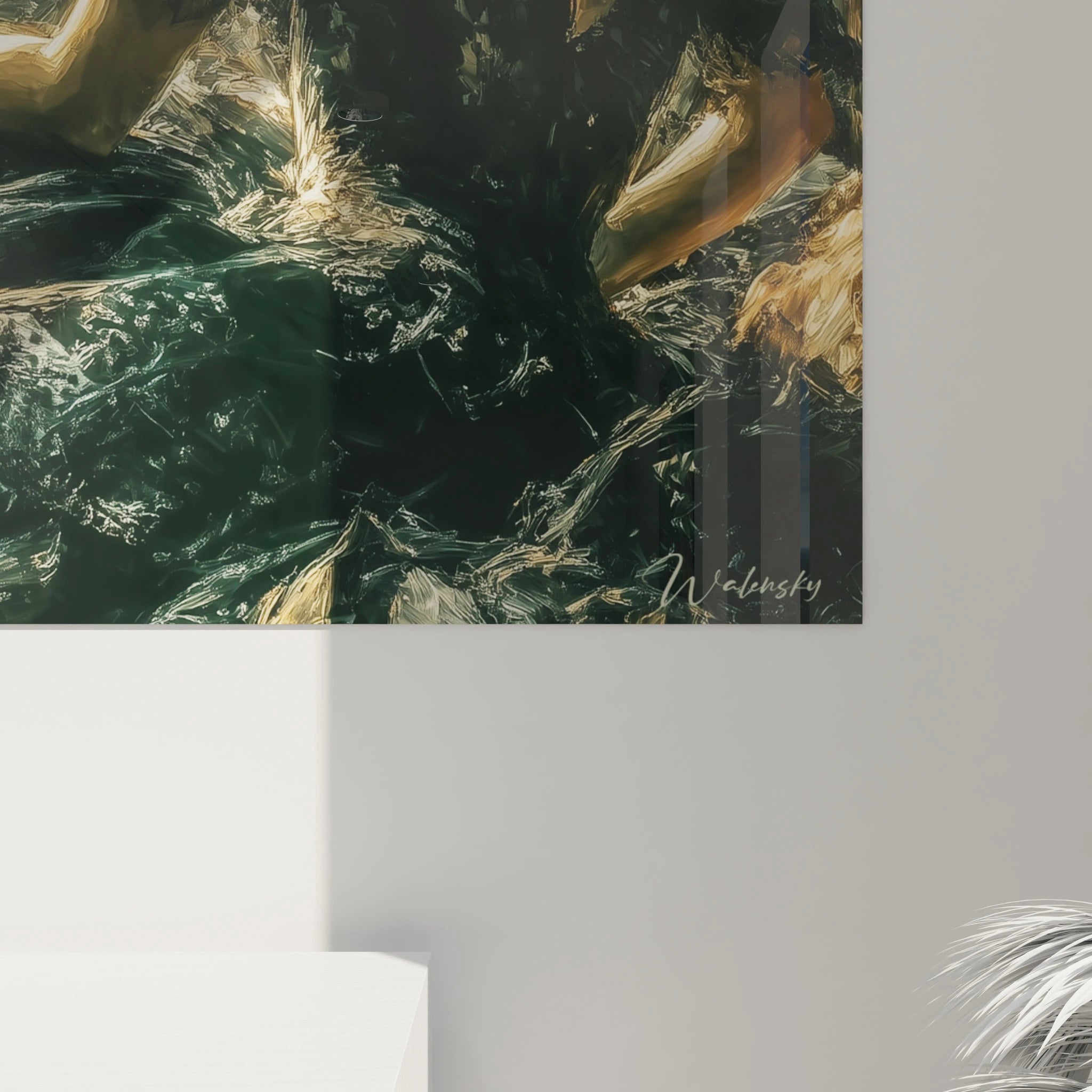 tableau gothique femme Walensky mural abstrait vert foncé et doré effet marbre signature visible
