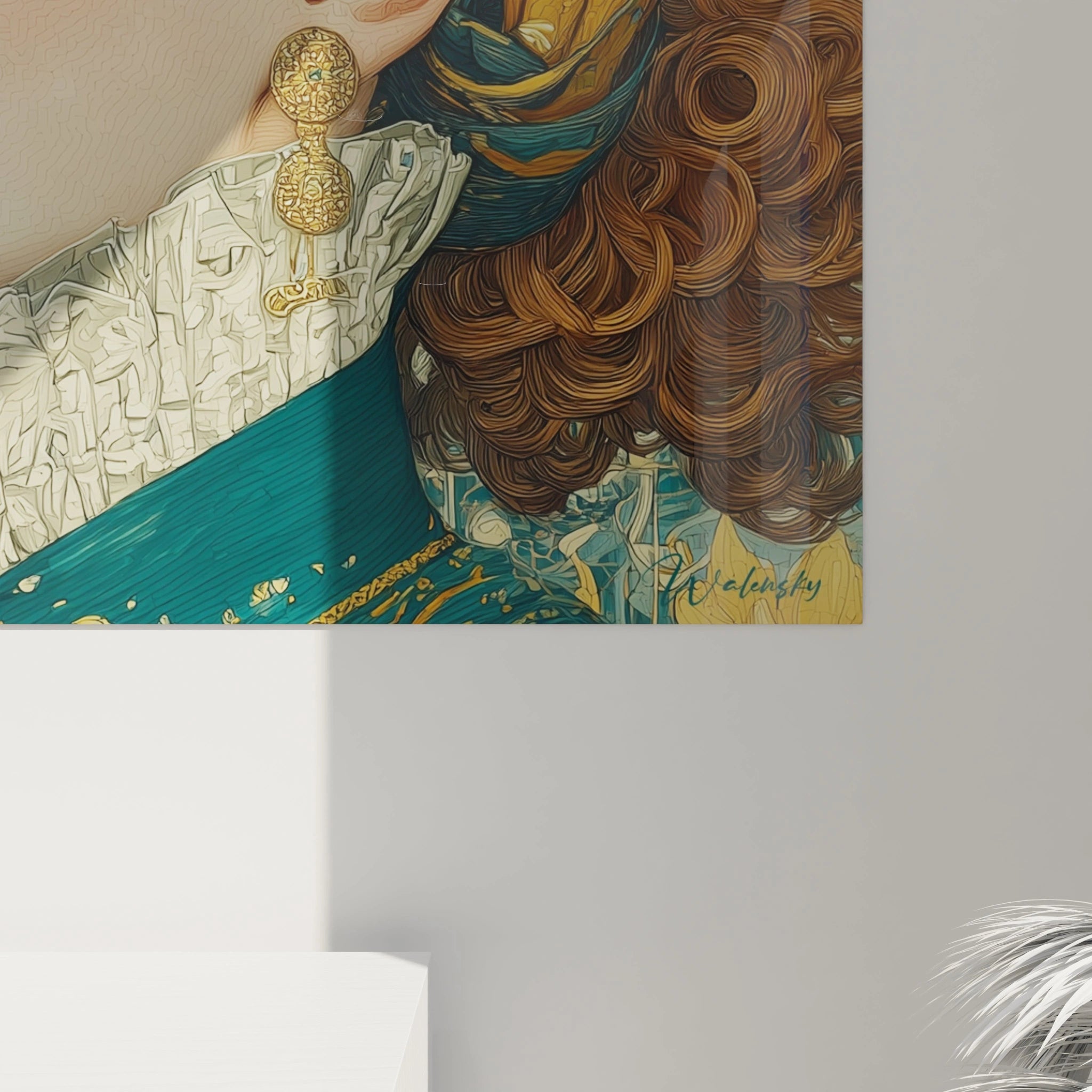 Tableau mural Walensky montrant tableau art nouveau femme en gros plan robe bleu sarcelle boucle doree collier et cheveux boucles