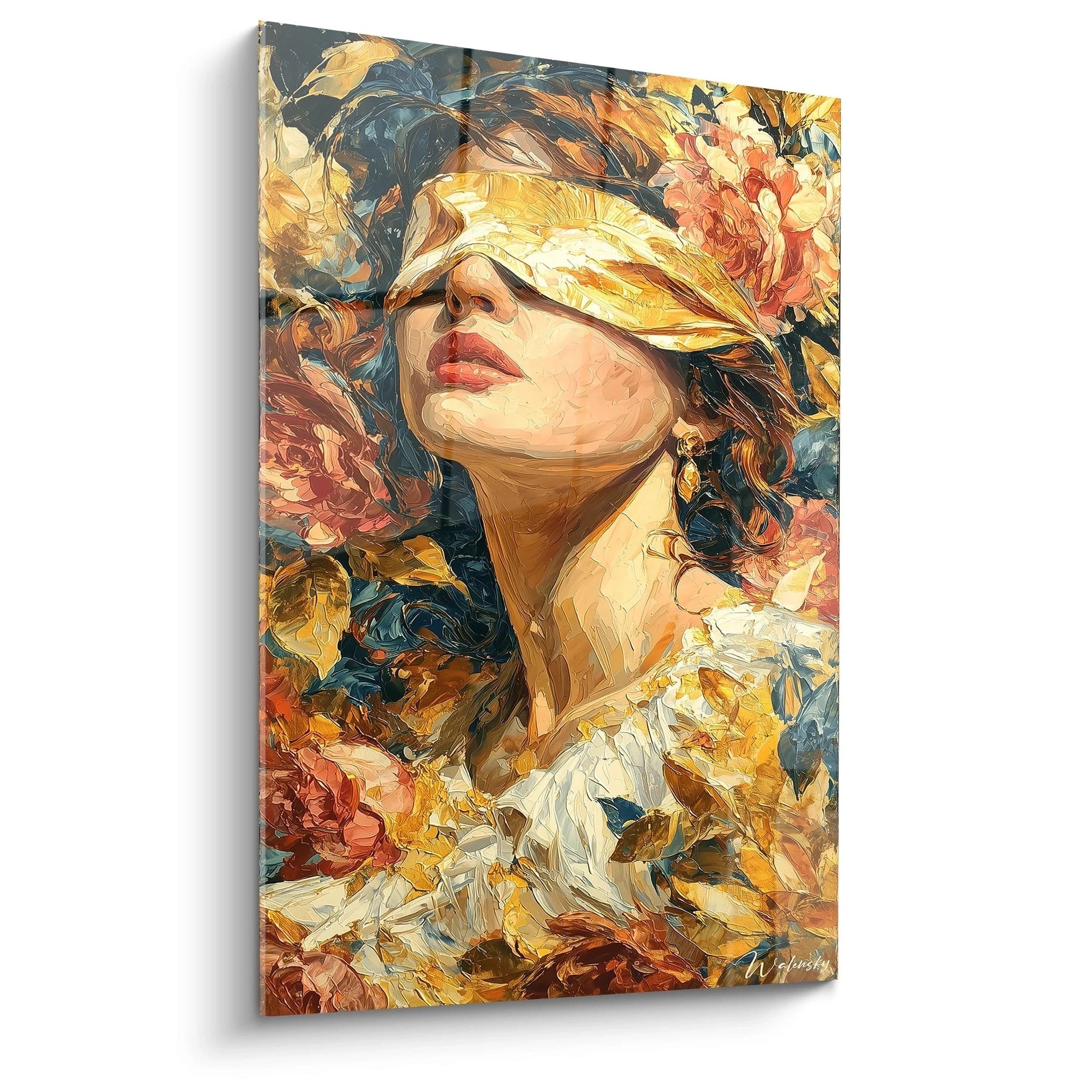 Walensky tableau femme yeux clos peinture murale femme aux yeux bandés entourée de fleurs tons chauds