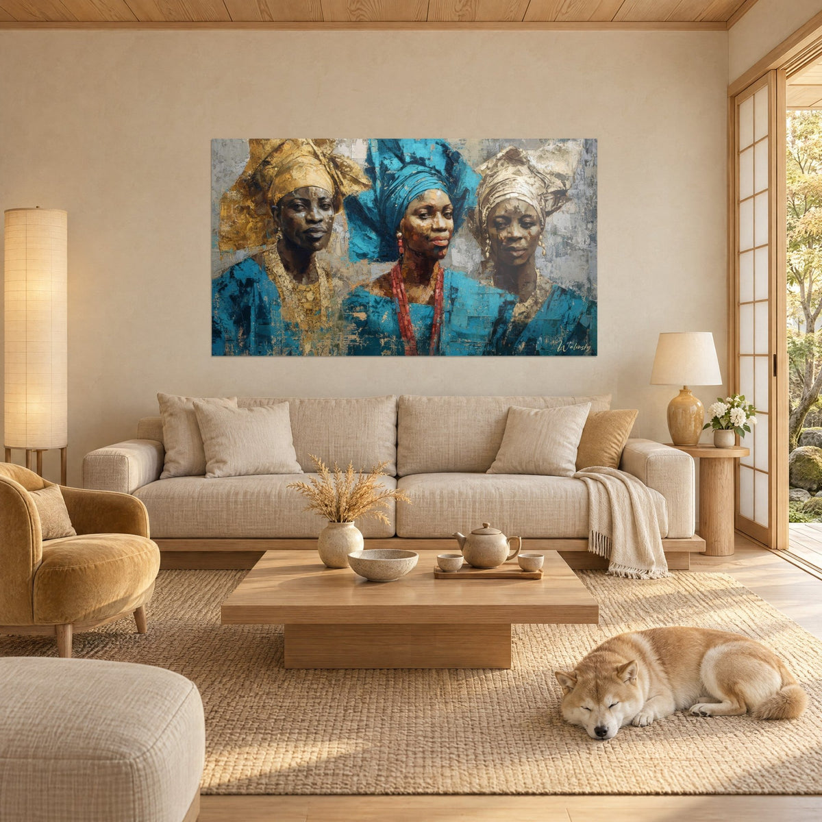 Schilderij trio van vrouwen in turquoise en gouden gele op grijze achtergrond, slapende shiba, boven een bank in een lichte woonkamer