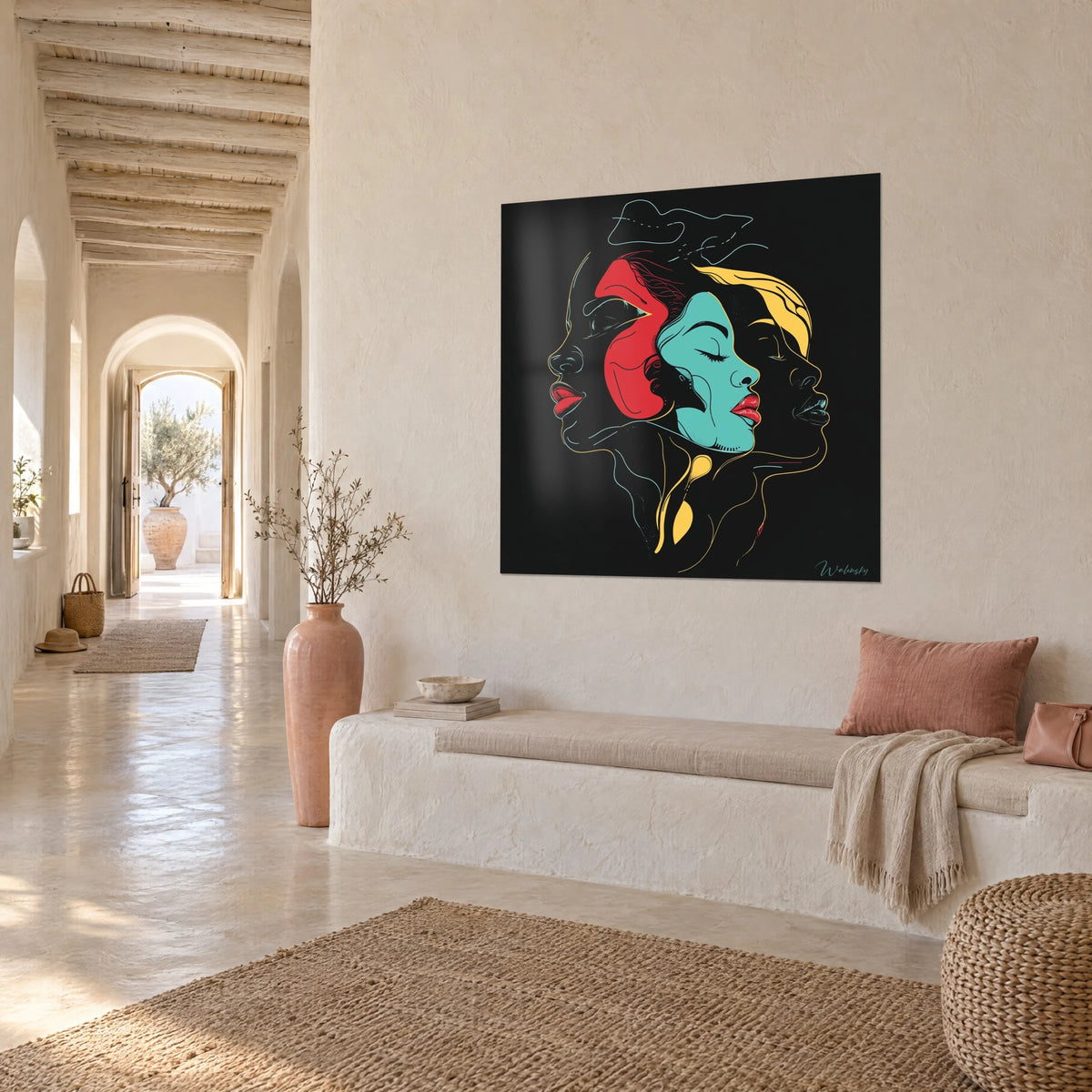 Tableau portraits africains aux lèvres rouge vif, traits jaune d'or sur fond noir, vue en perspective dans un couloir voûté blanc