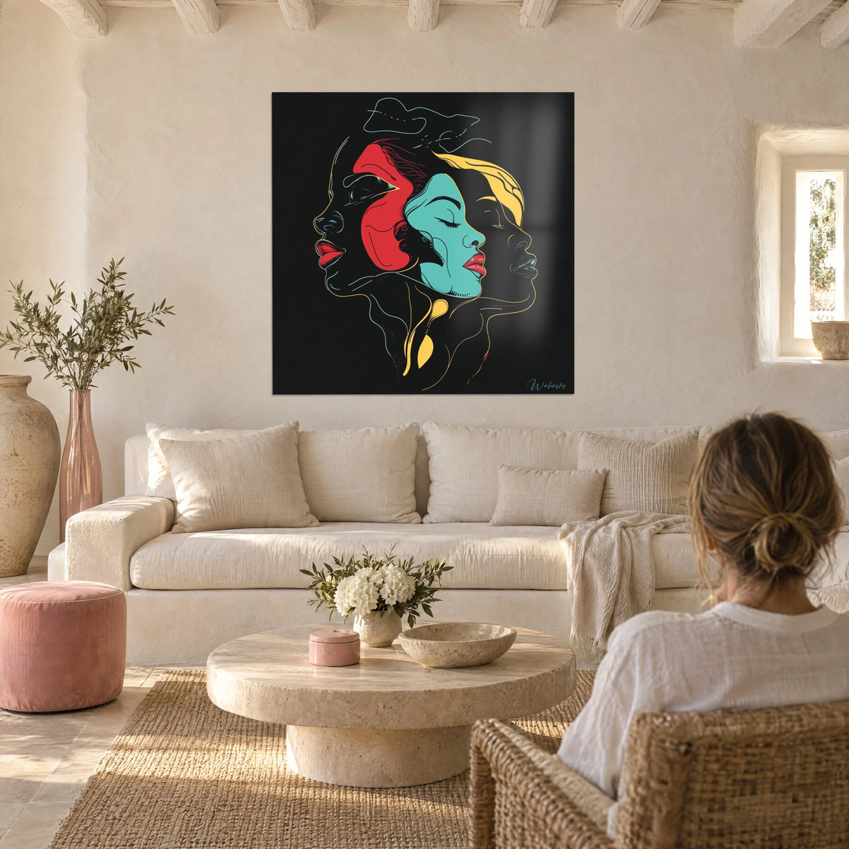 Tableau trois visages féminins turquoise, rouge et jaune sur fond noir, une femme de dos, au-dessus d'un canapé dans un salon lumineux