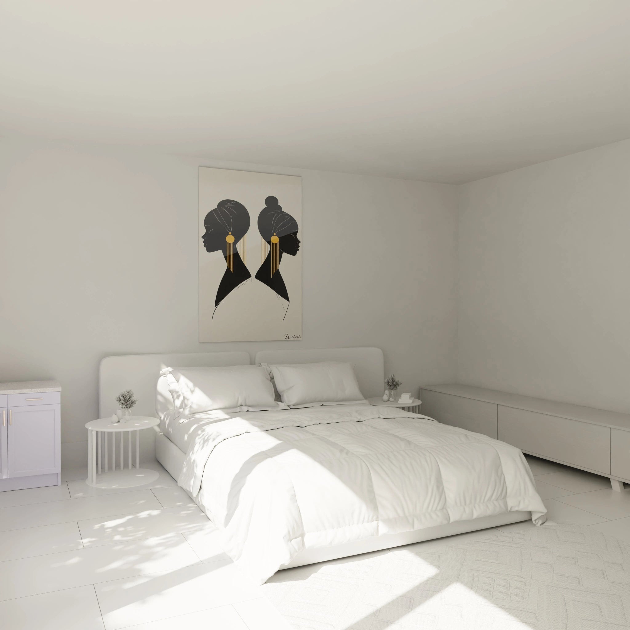 Tableau africain mural Walensky avec motif papillons bleus décorant une chambre minimaliste blanche