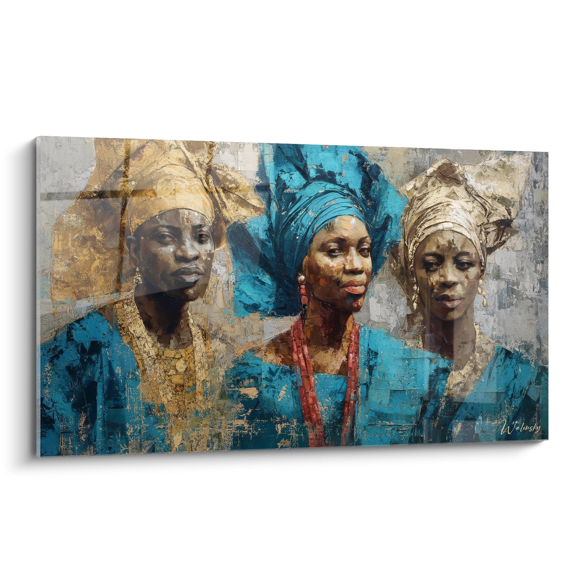 Tableau trois femmes africaines élégantes aux turbans colorés art tribal contemporain