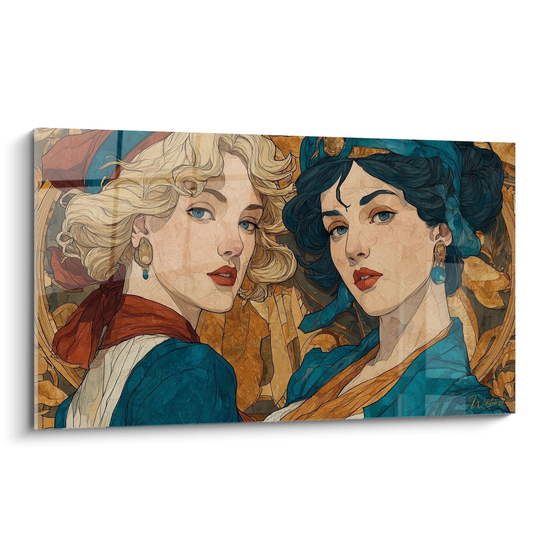 Tableau mural Walensky de deux femmes stylisées en tons bleu et or avec motifs floraux et bijoux tableau art nouveau femmes