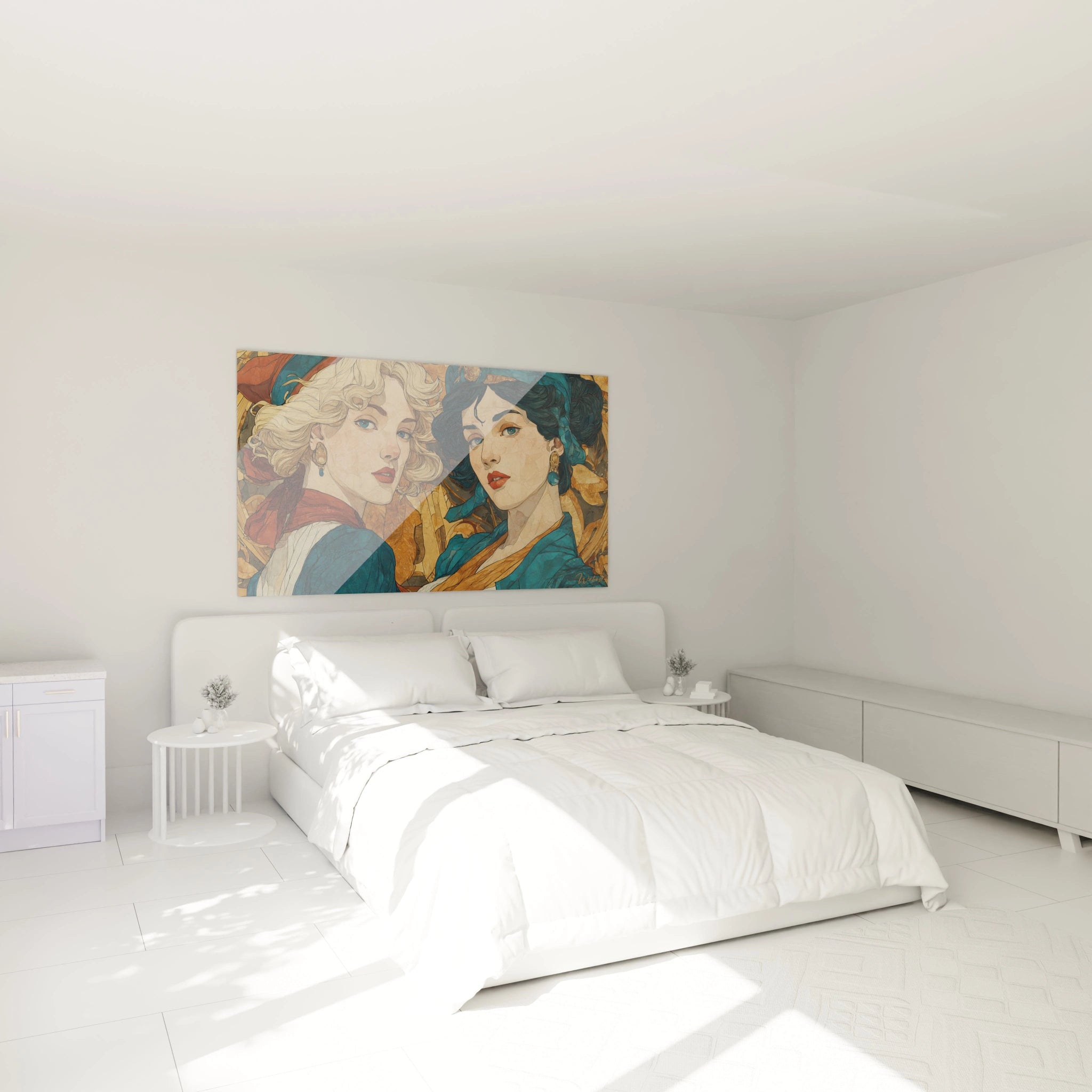 Tableau mural Walensky dans une chambre minimaliste représentant un tableau art nouveau femmes aux tons chauds