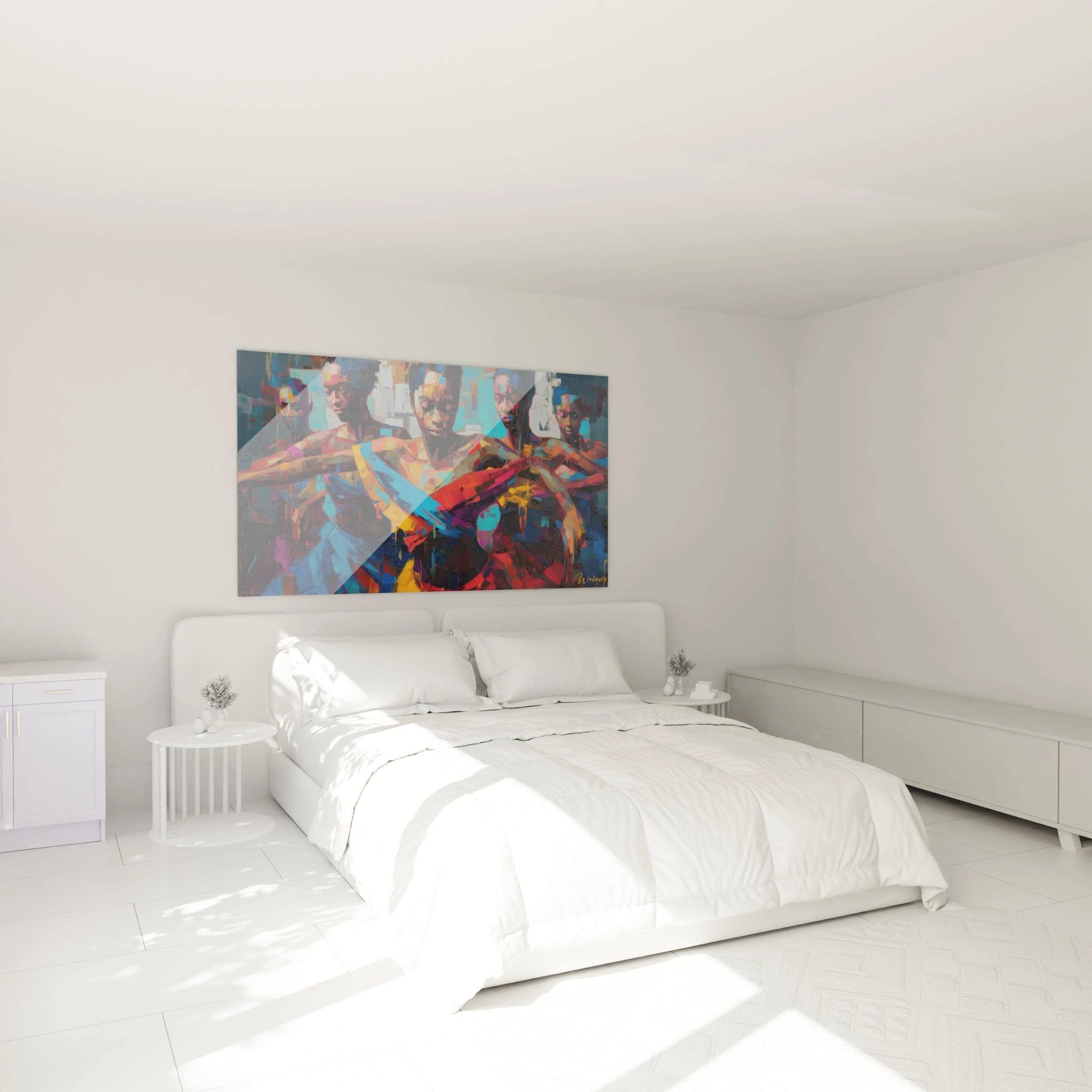 tableau danse africaine femme Walensky coloré suspendu au dessus du lit dans une chambre minimaliste blanche