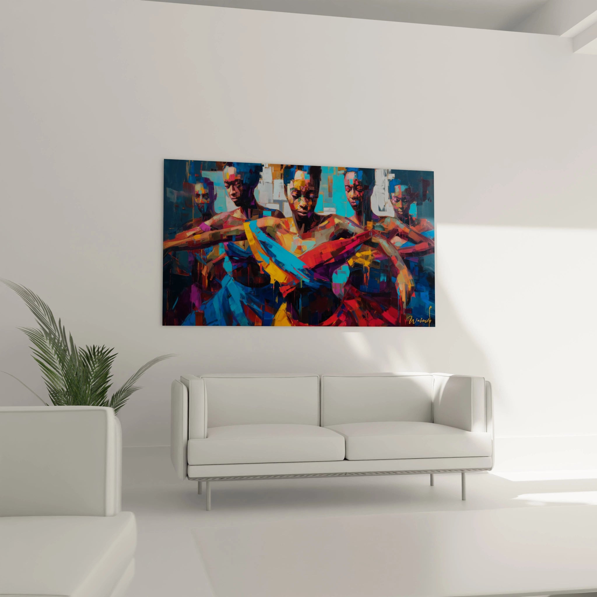 Walensky tableau danse africaine femme coloré abstrait représentant femmes dansantes sur toile au salon moderne