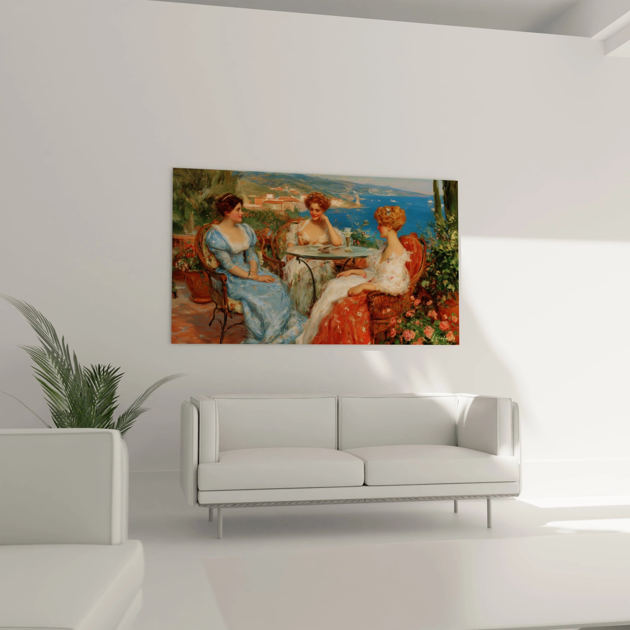 tableau femmes classicisme Walensky montrant trois dames en robes sur une terrasse fleurie face à la mer