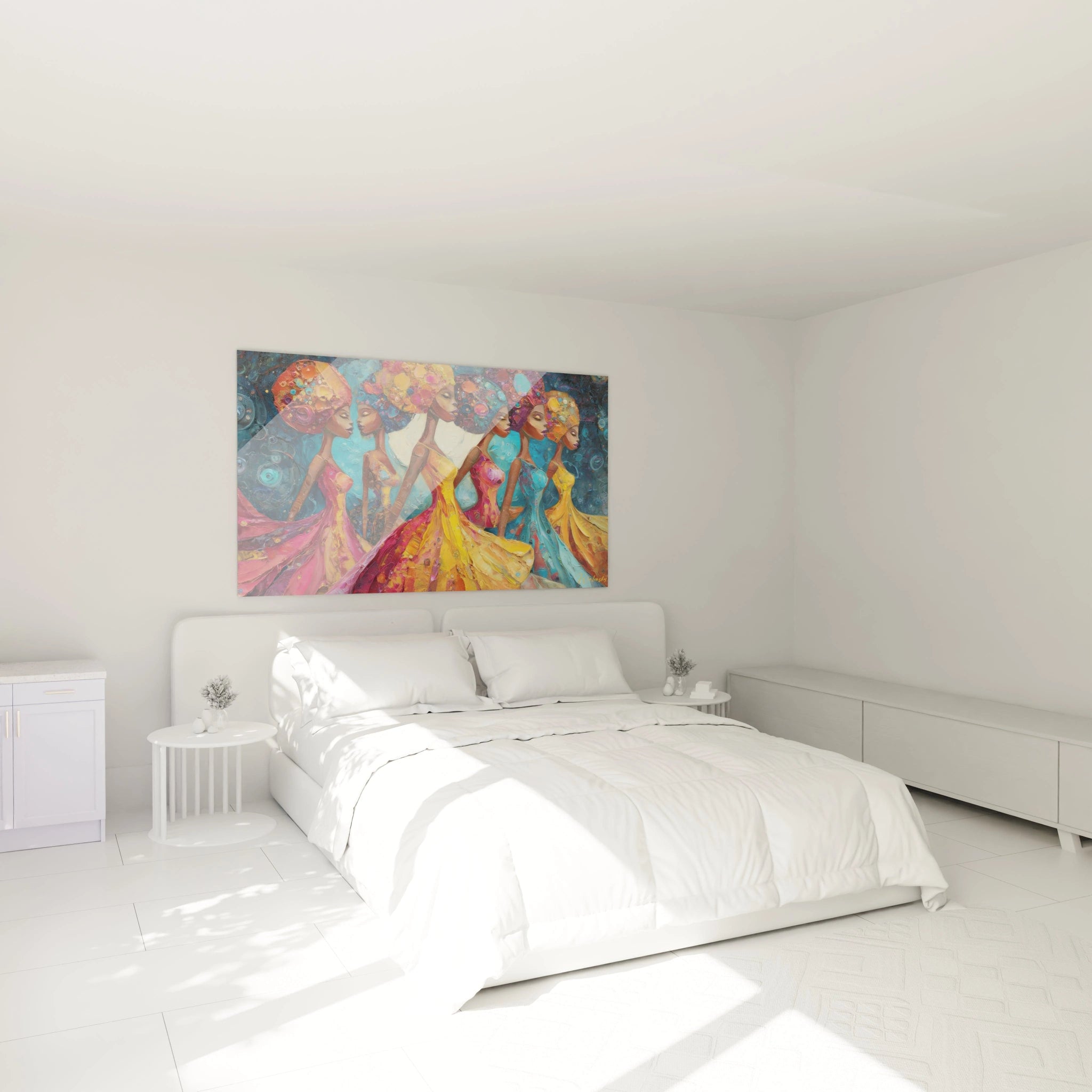 Chambre blanche minimaliste avec tableau danse africaine femme colore de Walensky au dessus du lit