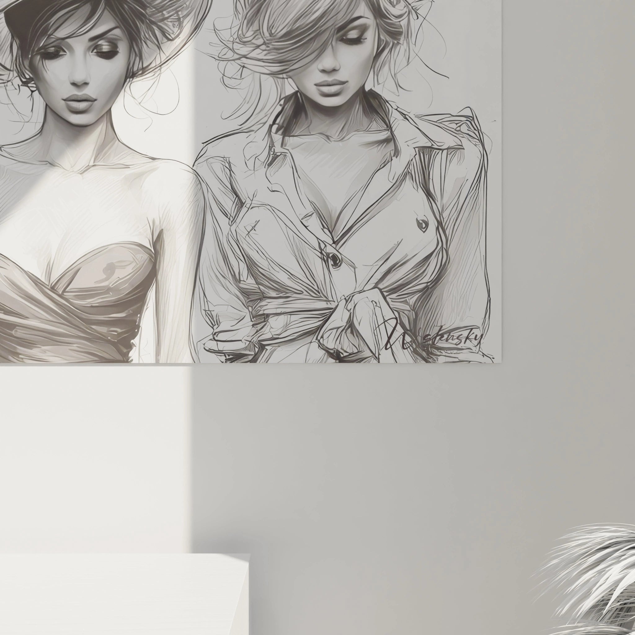 Tableau femmes élégantes en noir et blanc représentant deux modèles avec des chapeaux stylés