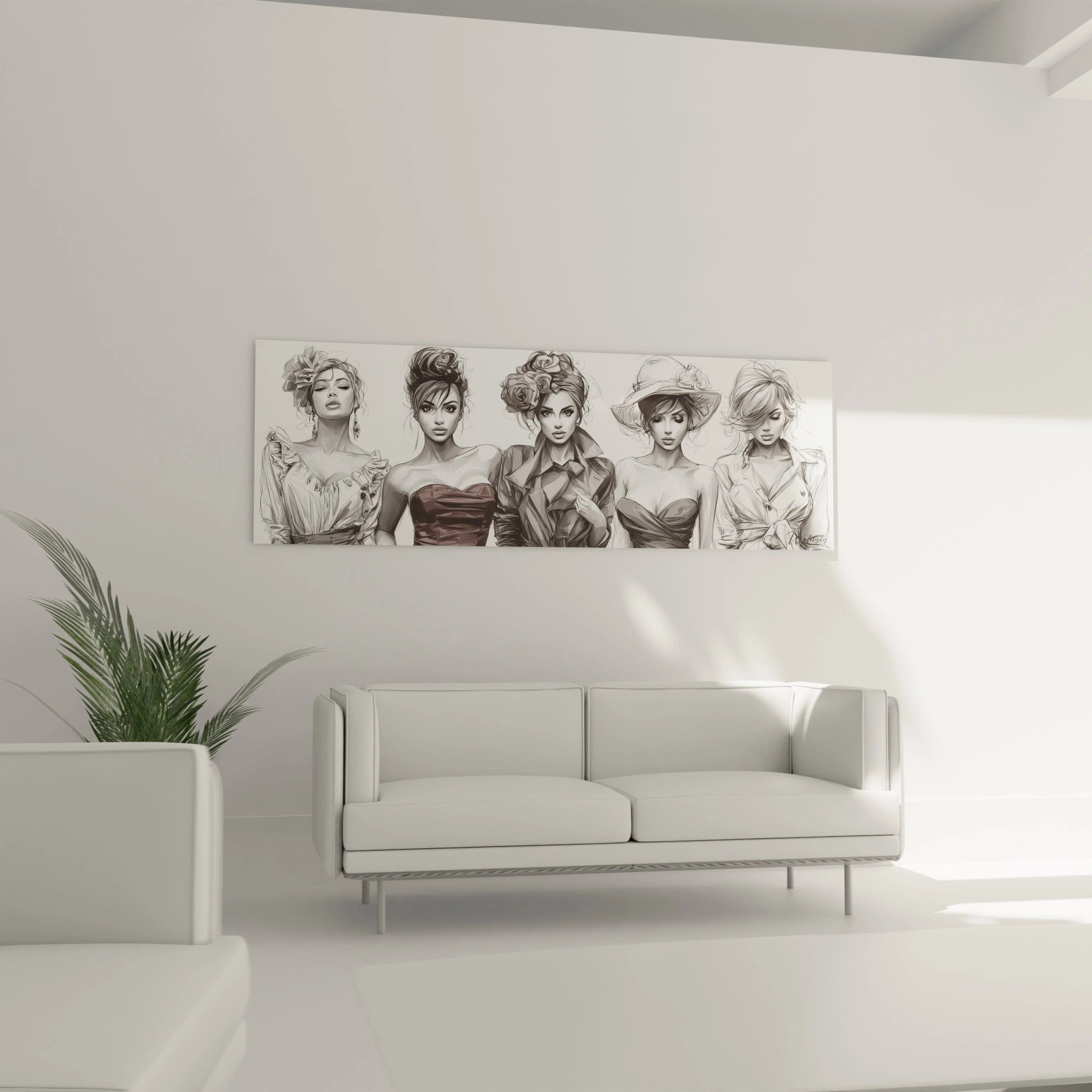 Tableau femmes élégantes de Walensky représentant des modèles en robe classique sur un mur moderne