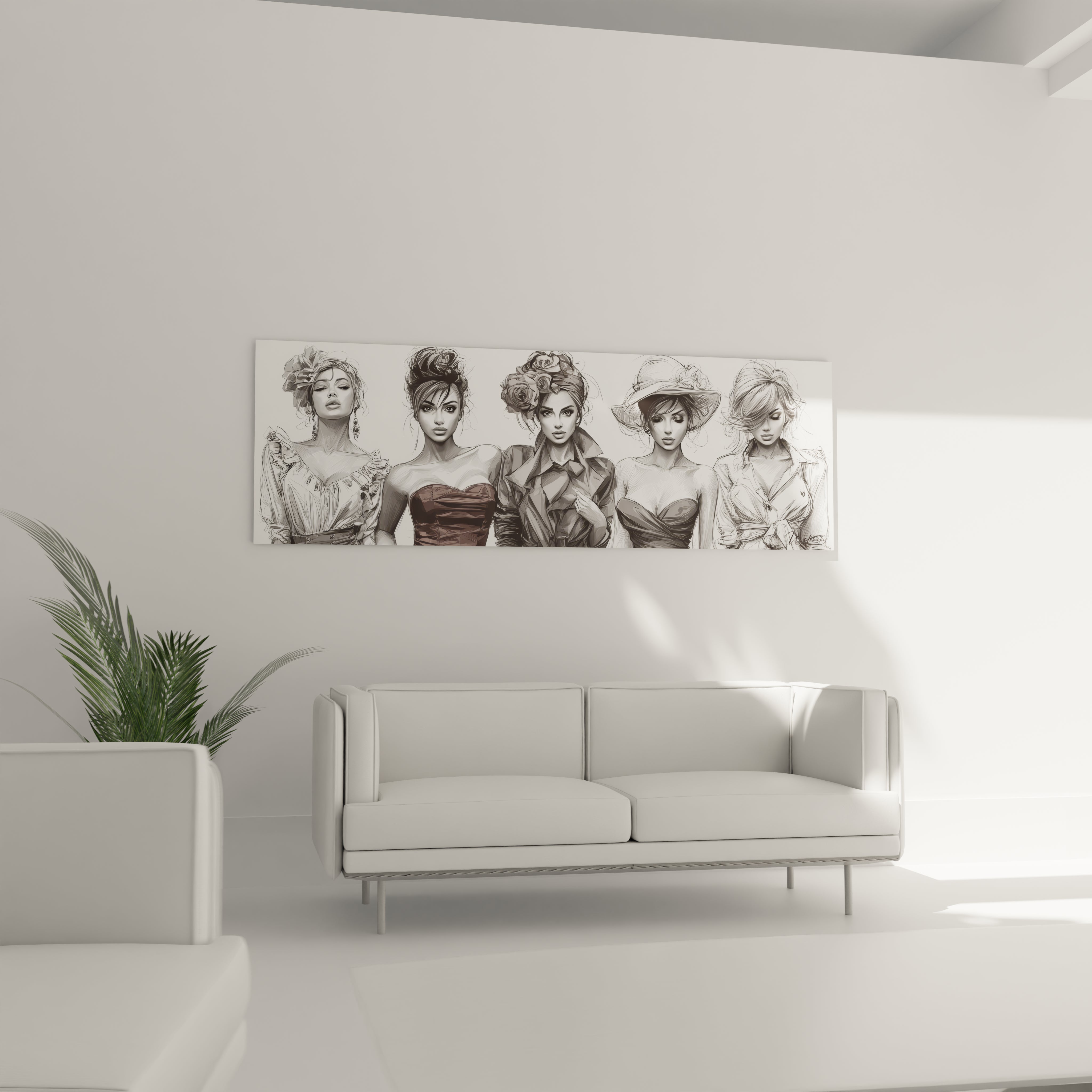 Tableau femmes élégantes de Walensky représentant des modèles en robe classique sur un mur moderne