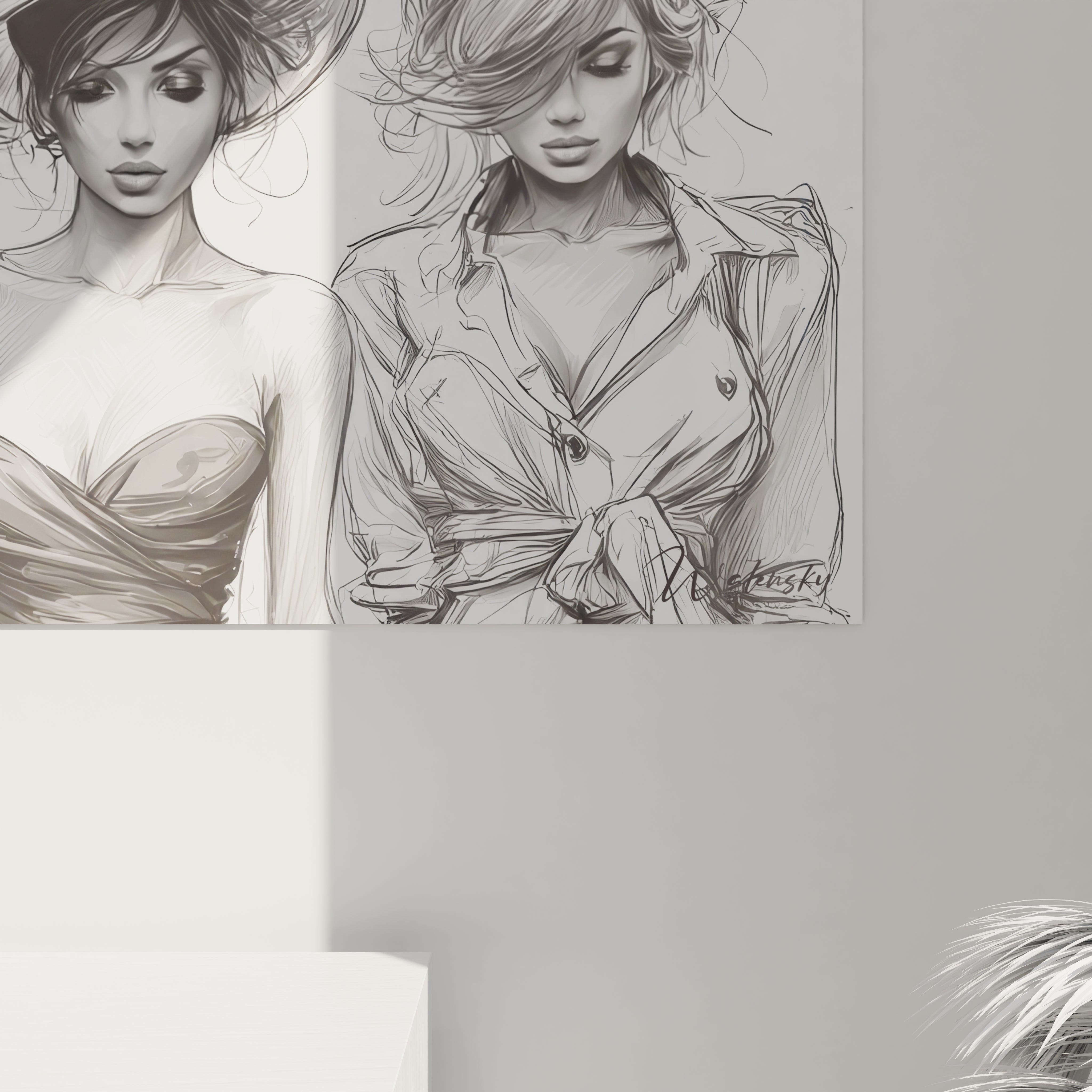 Tableau femmes élégantes en noir et blanc représentant deux modèles avec des chapeaux stylés